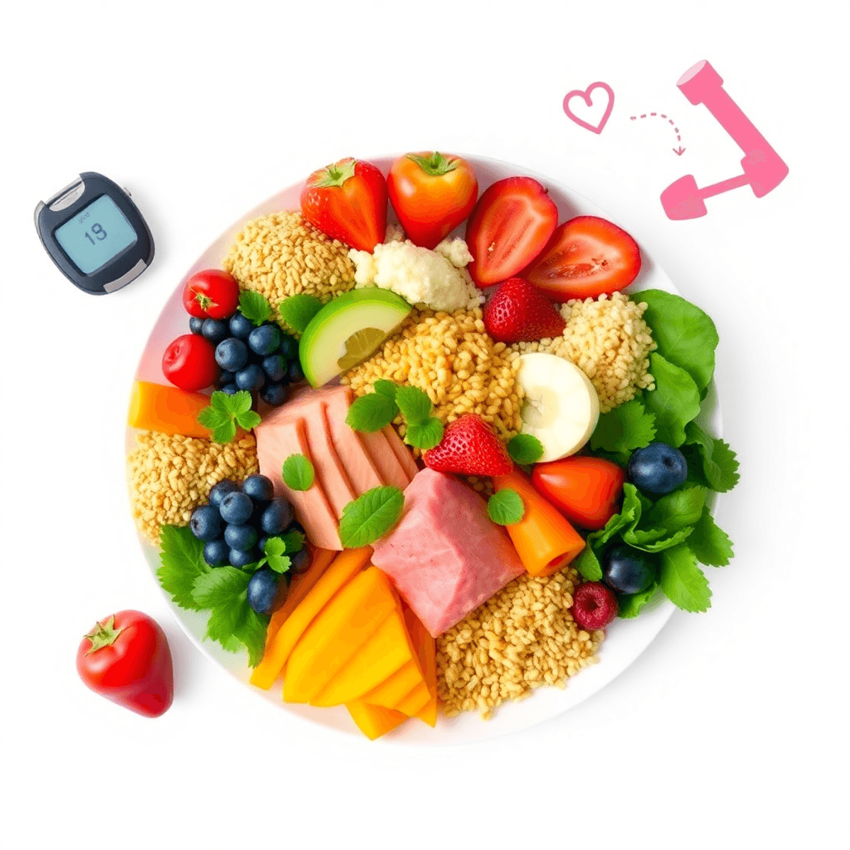 Colorful plate with lean proteins, grains, fruits, vegetables, fitness icons including heart rate monitor, dumbbells, and running shoes on bright background.
