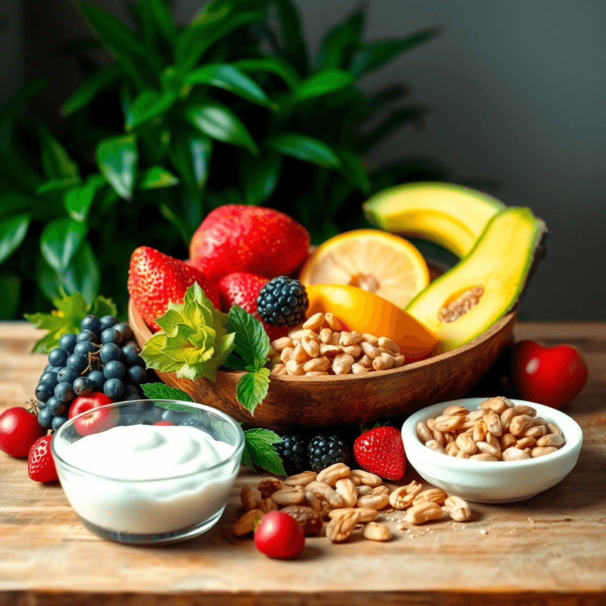 A colorful display of fruits, nuts, and yogurt artfully arranged on a wooden table, surrounded by green plants, promoting gut health and wellness.