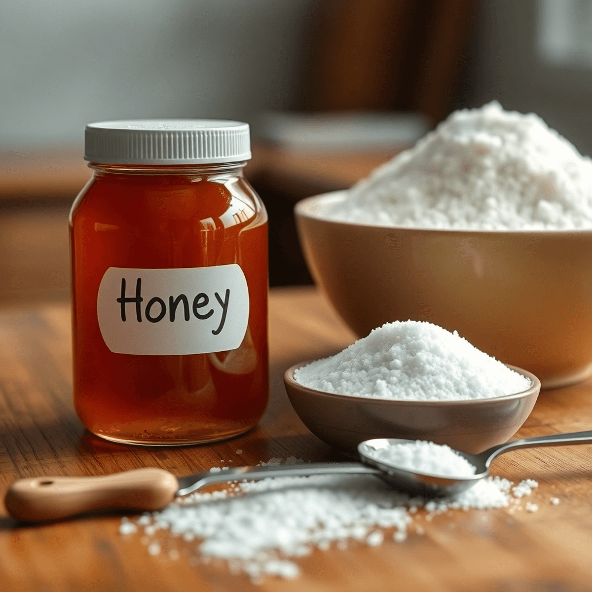 Close-up of a honey jar and sugar bowl on a wooden table, with a measuring spoon nearby, showcasing the contrast between honey and sugar in warm, natural lighting.