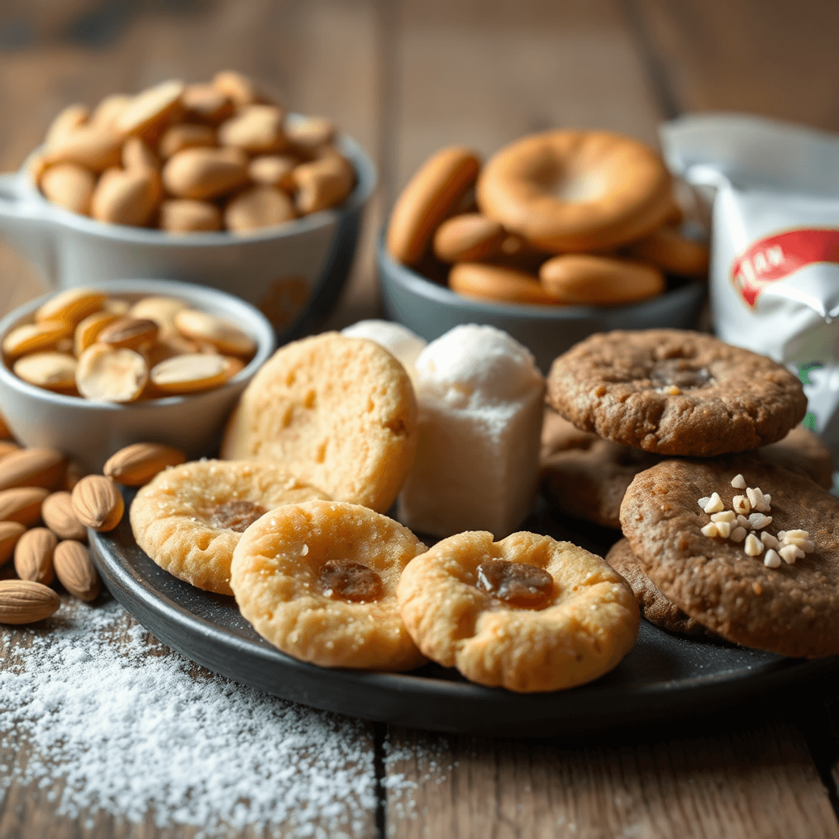 Close-up of sugar-free sweeteners, almonds, cashews, sugar-free cookies, and Kaju Katli on a rustic wooden table.