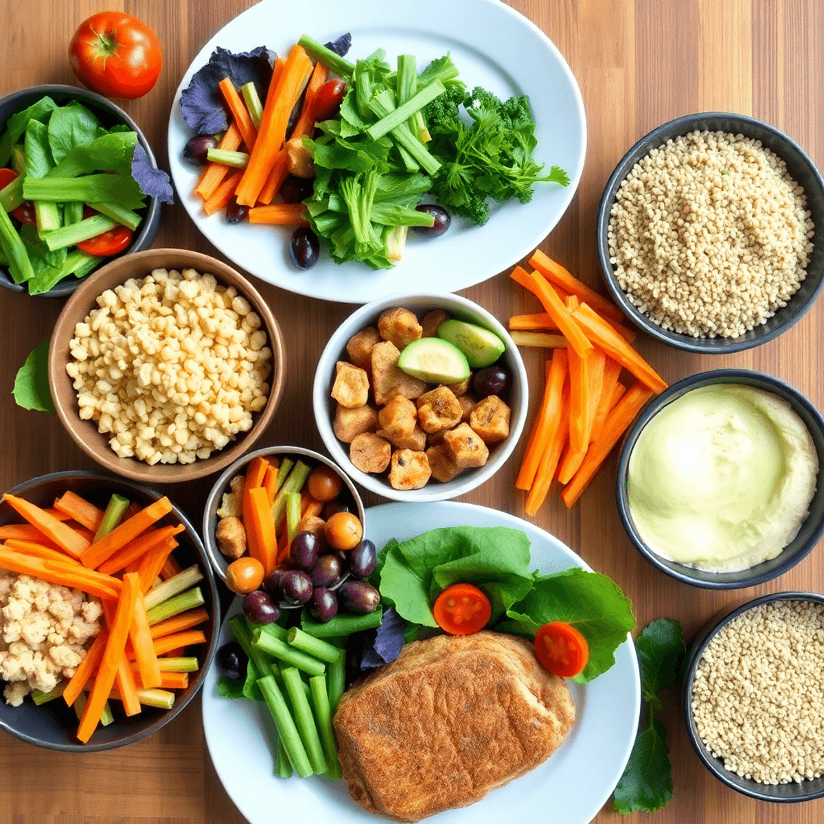 A colorful spread of healthy meals with fresh vegetables, lean proteins, and whole grains arranged neatly on a wooden table.