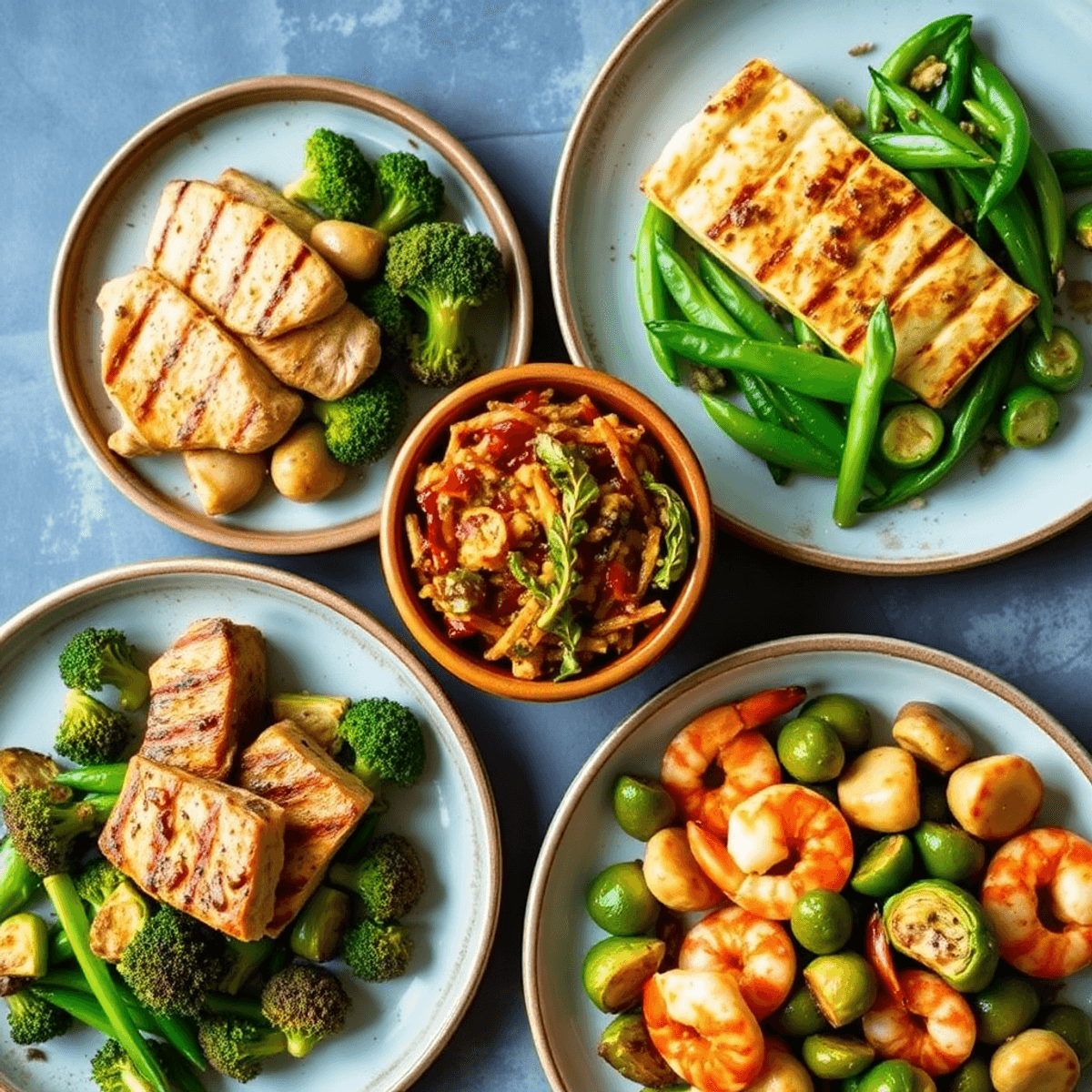A colorful meal with grilled chicken, sautéed broccoli, pan-seared fish, stir-fried snap peas, broiled shrimp, and roasted Brussels sprouts on rustic plates.