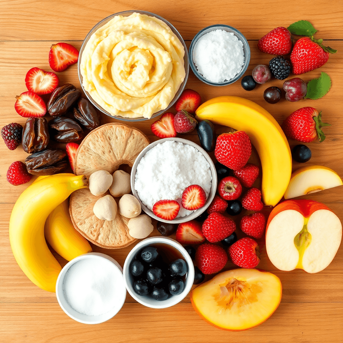 A colorful flat lay of fruit-based sweeteners like mashed bananas, date paste, fresh berries, and apple sauce on a wooden table, with bowls of erythritol and allulose.