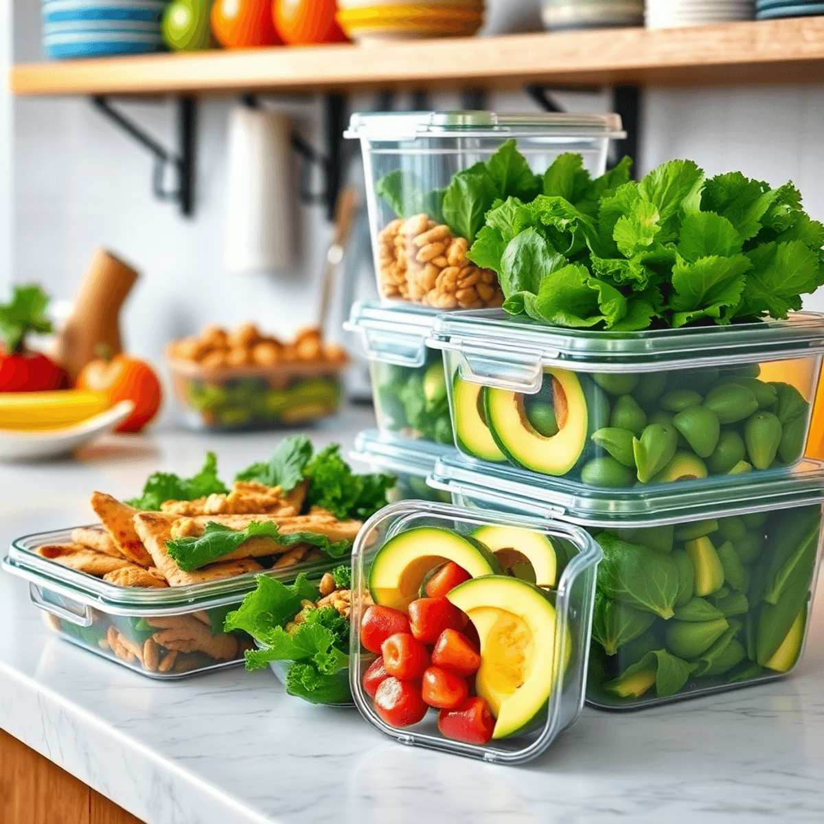 Organized kitchen countertop with colorful meal prep containers holding leafy greens, grilled chicken, tofu, nuts, avocado slices, and low-glycemic fruits.