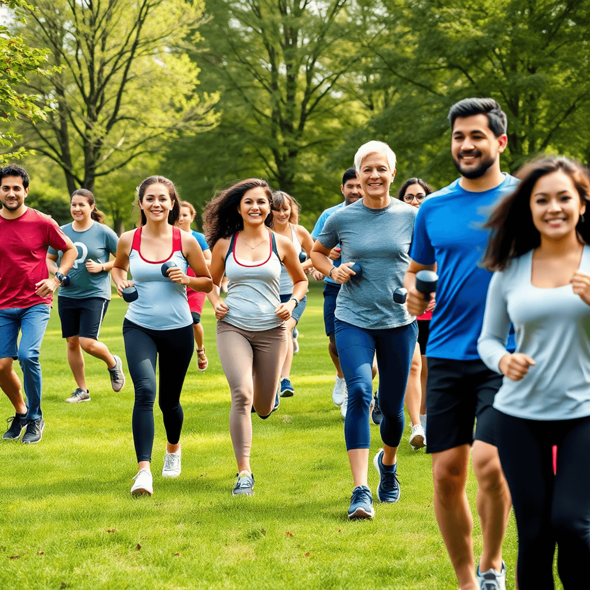 People exercising outdoors in a sunny park, engaging in walking, dumbbell training, and aerobic exercises amidst green trees.