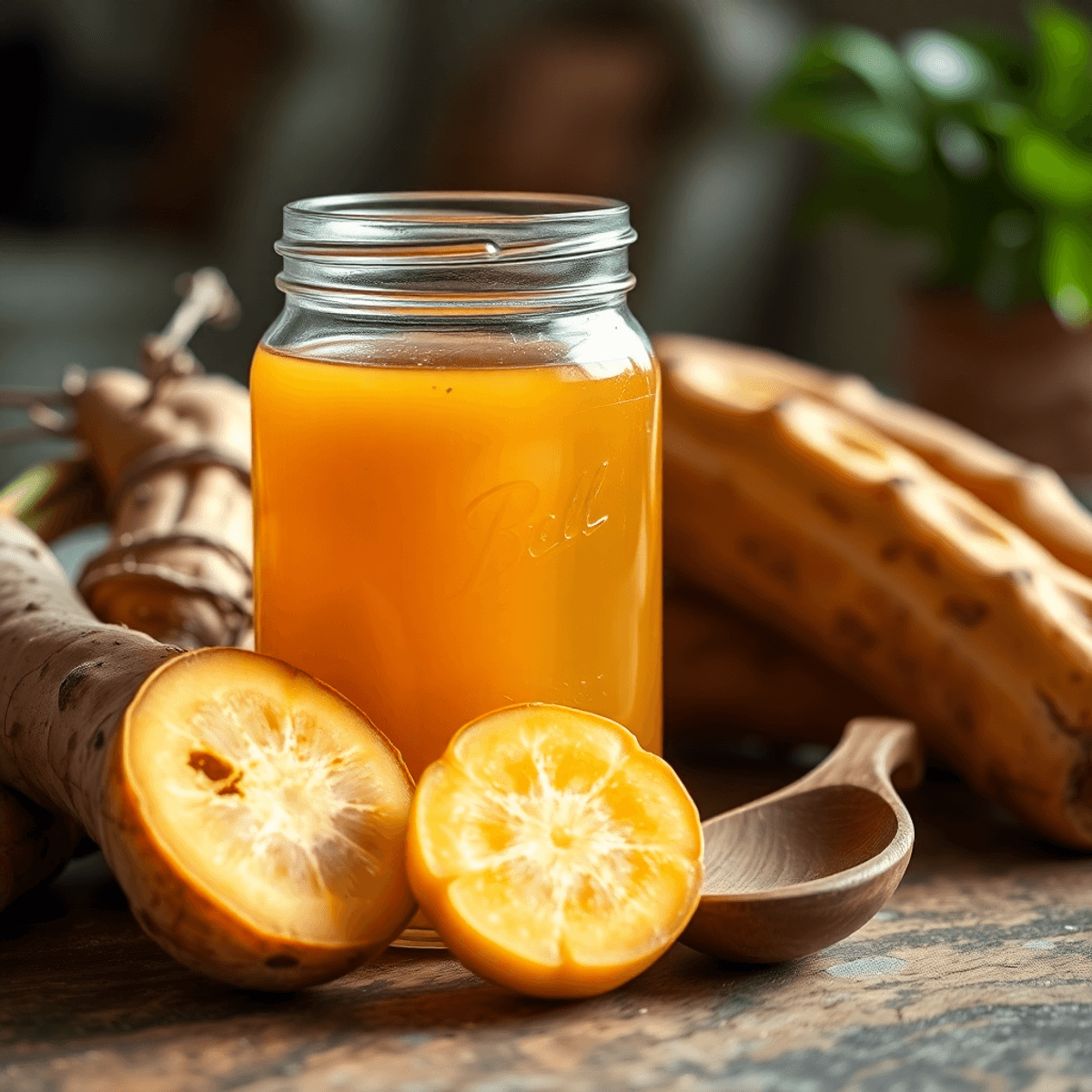 Close-up of a glass jar with golden yacon syrup, fresh yacon roots, and a wooden spoon on a rustic kitchen table with soft natural light.