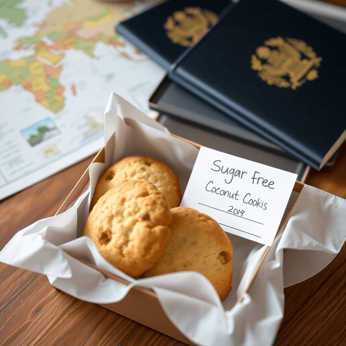 Close-up of a travel snack box with sugar-free coconut cookies and a note card on a wooden table, next to a passport and travel map.