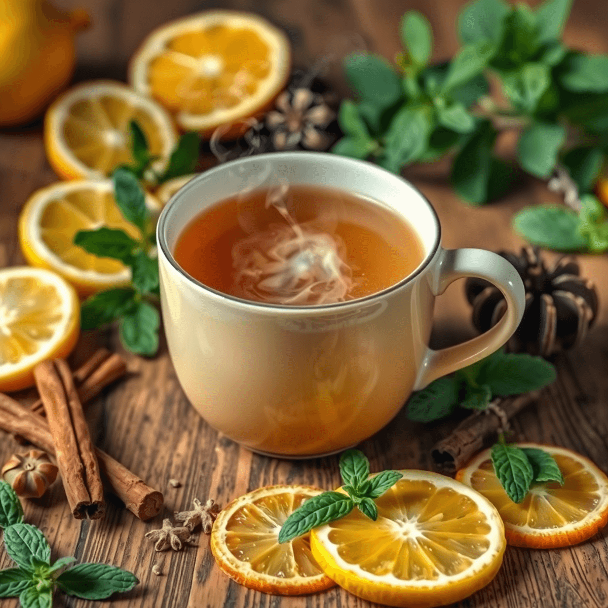 Steaming cup of herbal tea on wooden table with lemon, orange slices, cinnamon sticks, nutmeg, and peppermint leaves creating a warm, natural atmosphere.