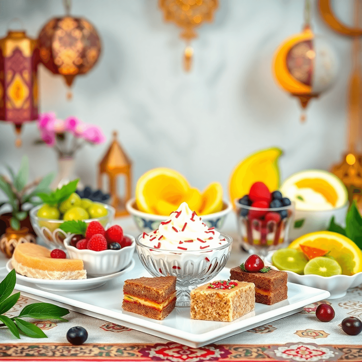A beautifully arranged table of vibrant sugar-free desserts, colorful fruits, and natural sweeteners, with decorative Ramadan elements like lanterns and crescent moons in the background.