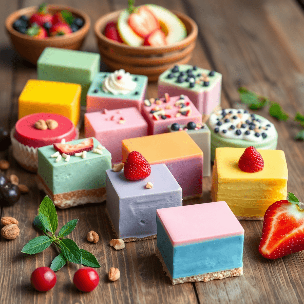 Colorful sugar-free desserts and treats arranged on a rustic wooden table with fresh fruits, nuts, and herbs nearby, highlighting healthy indulgence.