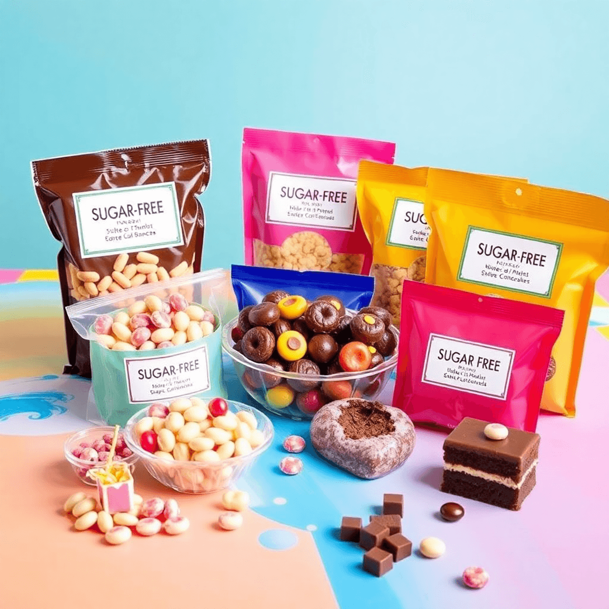 A colorful display of sugar-free sweets on a bright table, showcasing candies, chocolates, and desserts with labels promoting their health benefits.