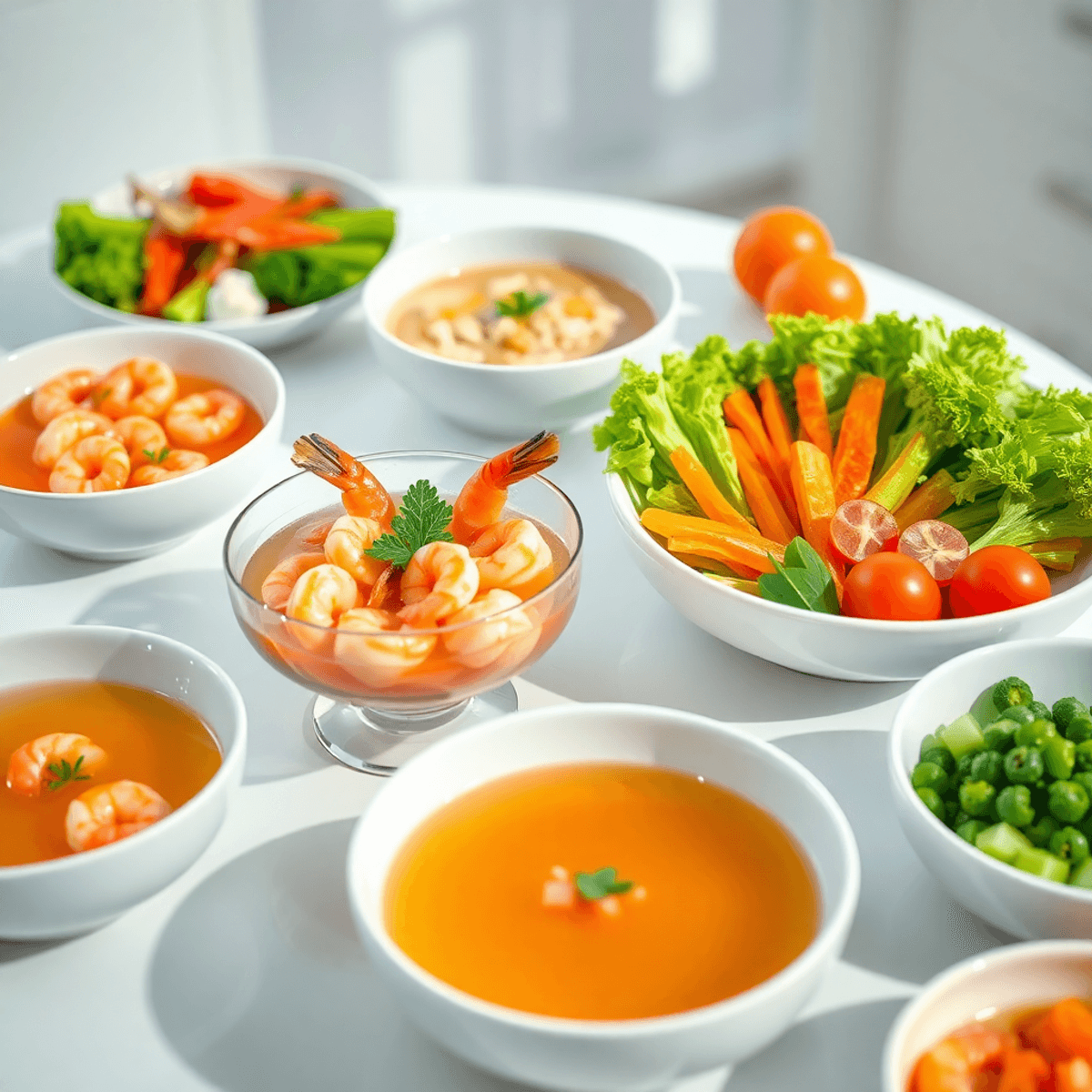 A bright table with shrimp cocktail, clear broth soup in elegant bowls, and fresh vegetables, highlighting a healthy, sugar-free meal.