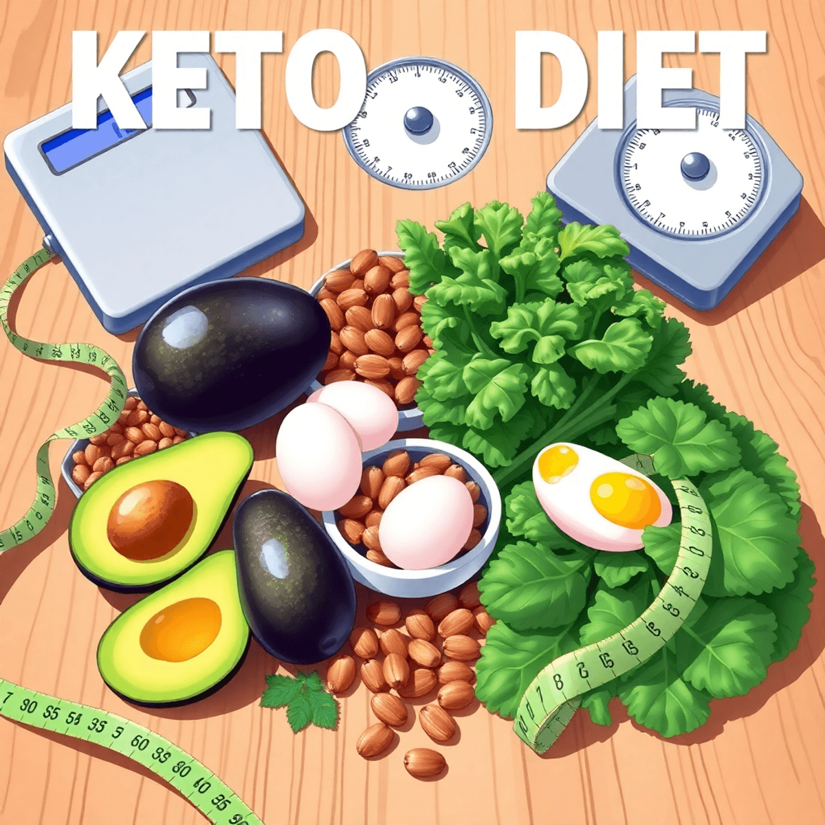 Colorful illustration of ketogenic foods like avocados, eggs, nuts, and greens on a wooden table with a measuring tape and scale, symbolizing healthy eating.