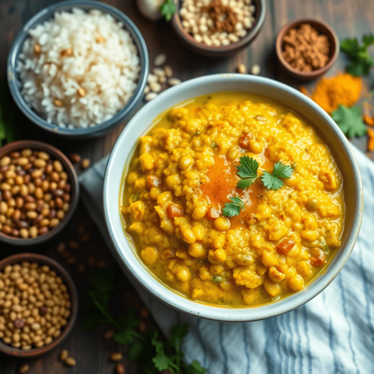 A vibrant bowl of moong dal khichdi with golden ghee tadka, surrounded by lentils, rice, and spices to improve taste perception.