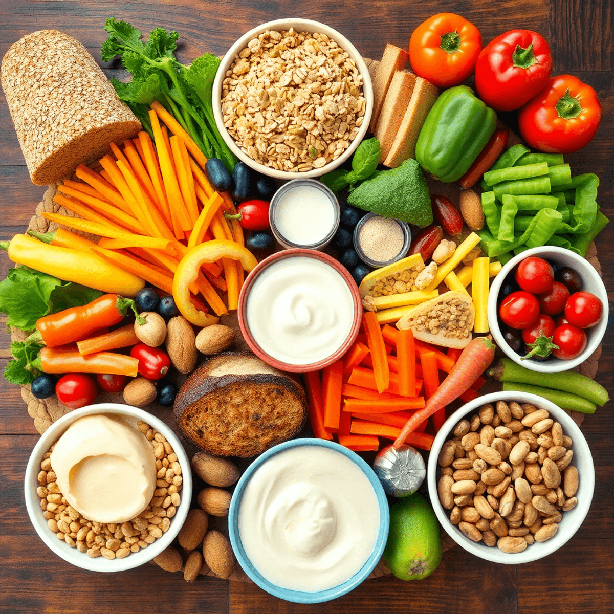 A colorful spread of whole grains, fresh fruits, vegetables, lean proteins, dairy, nuts, and seeds arranged on a wooden table.