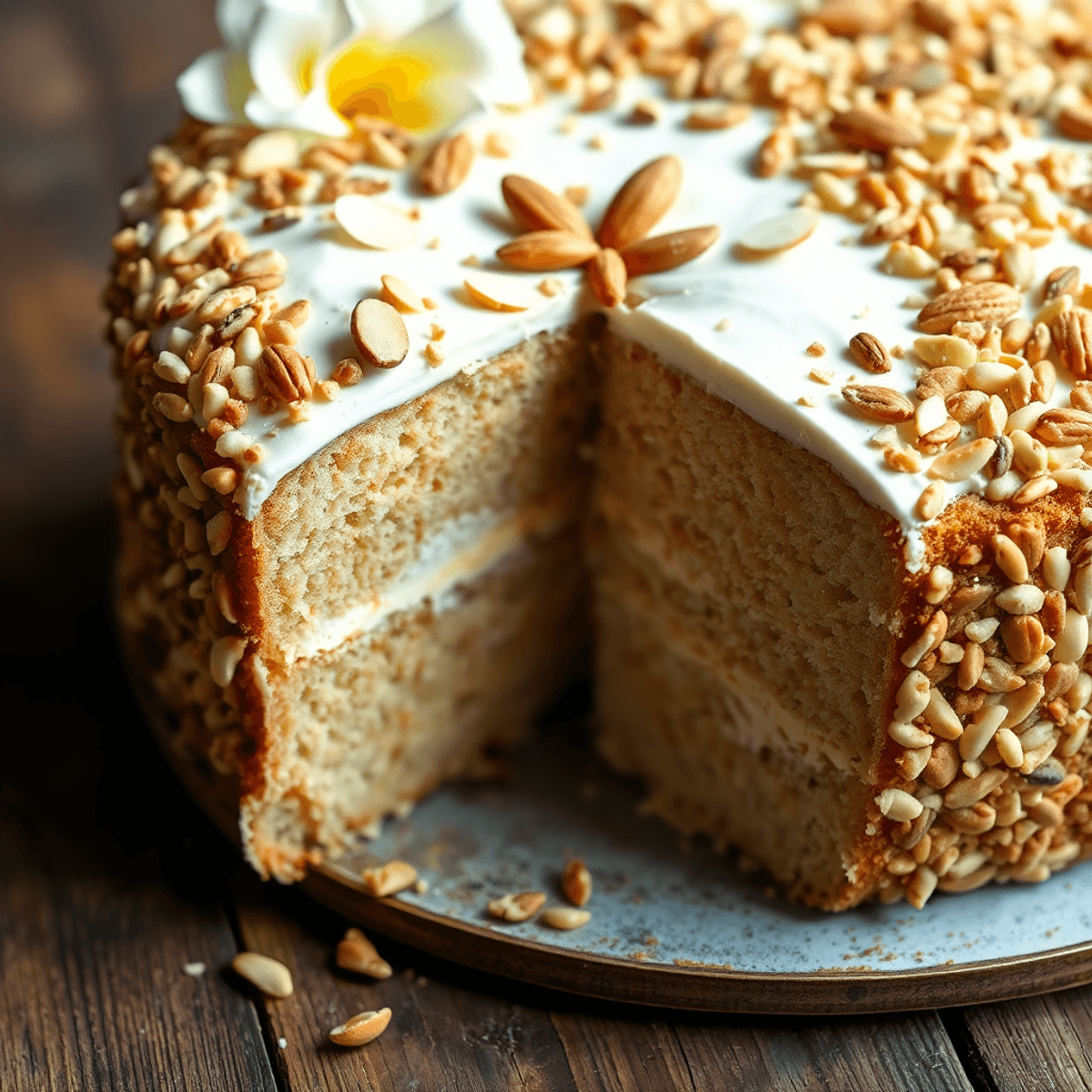 Close-up of a decorated vanilla almond flour cake with nut crust and creamy filling on a rustic wooden table in natural light.