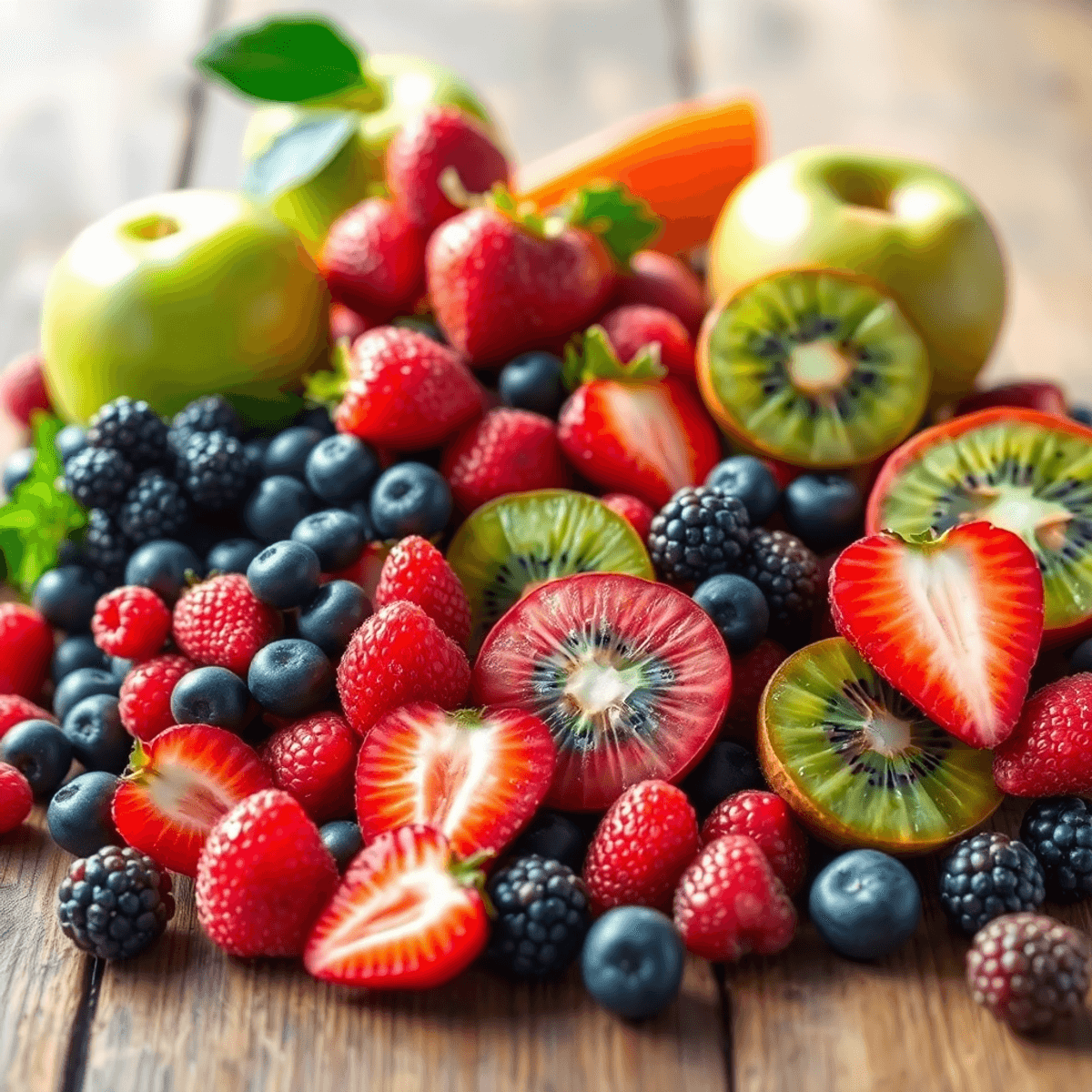 A colorful mix of berries, green apples, and kiwi on a rustic wooden table with soft natural light highlighting their vibrant colors and textures.