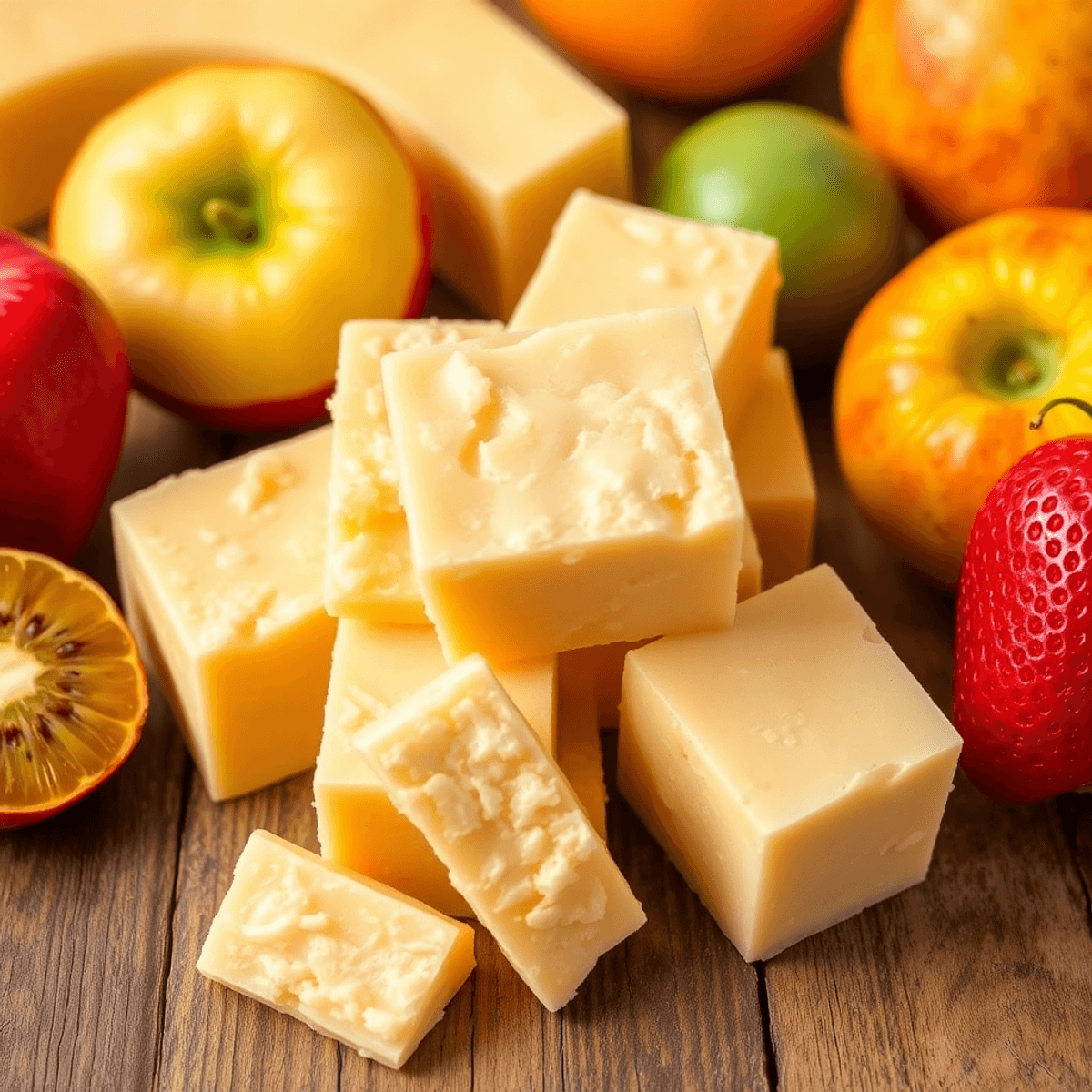 Close-up of natural jaggery blocks and fresh fruits on a wooden table, showcasing wholesome, rustic sweeteners in a realistic style.