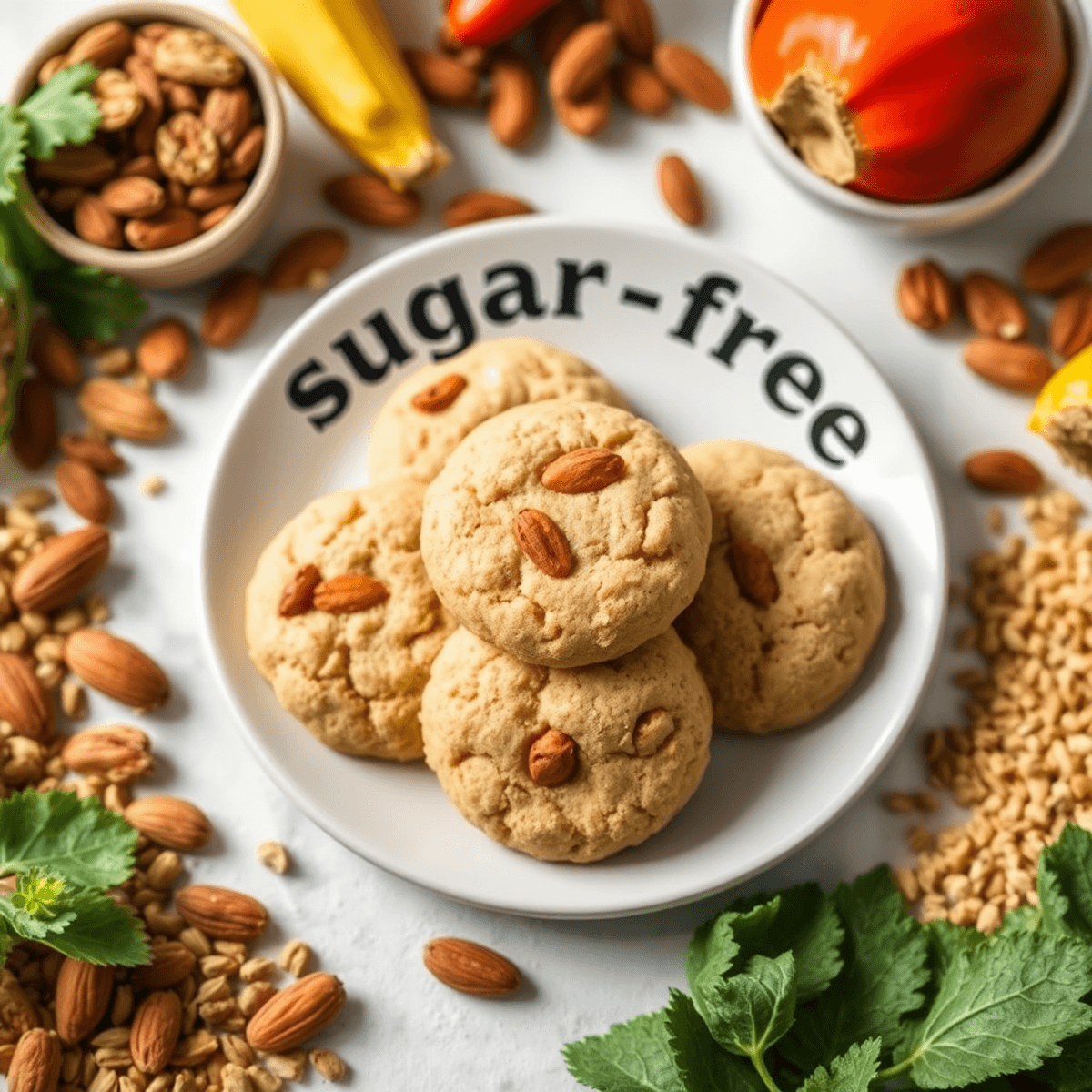 Close-up of sugar-free almond cookies on a plate, surrounded by nuts, whole grains, and fresh vegetables on a bright, clean background.