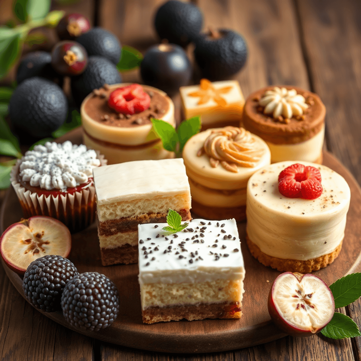 Close-up of diabetic-friendly desserts made with monk fruit extract on a rustic wooden table, surrounded by fresh monk fruits and green leaves.