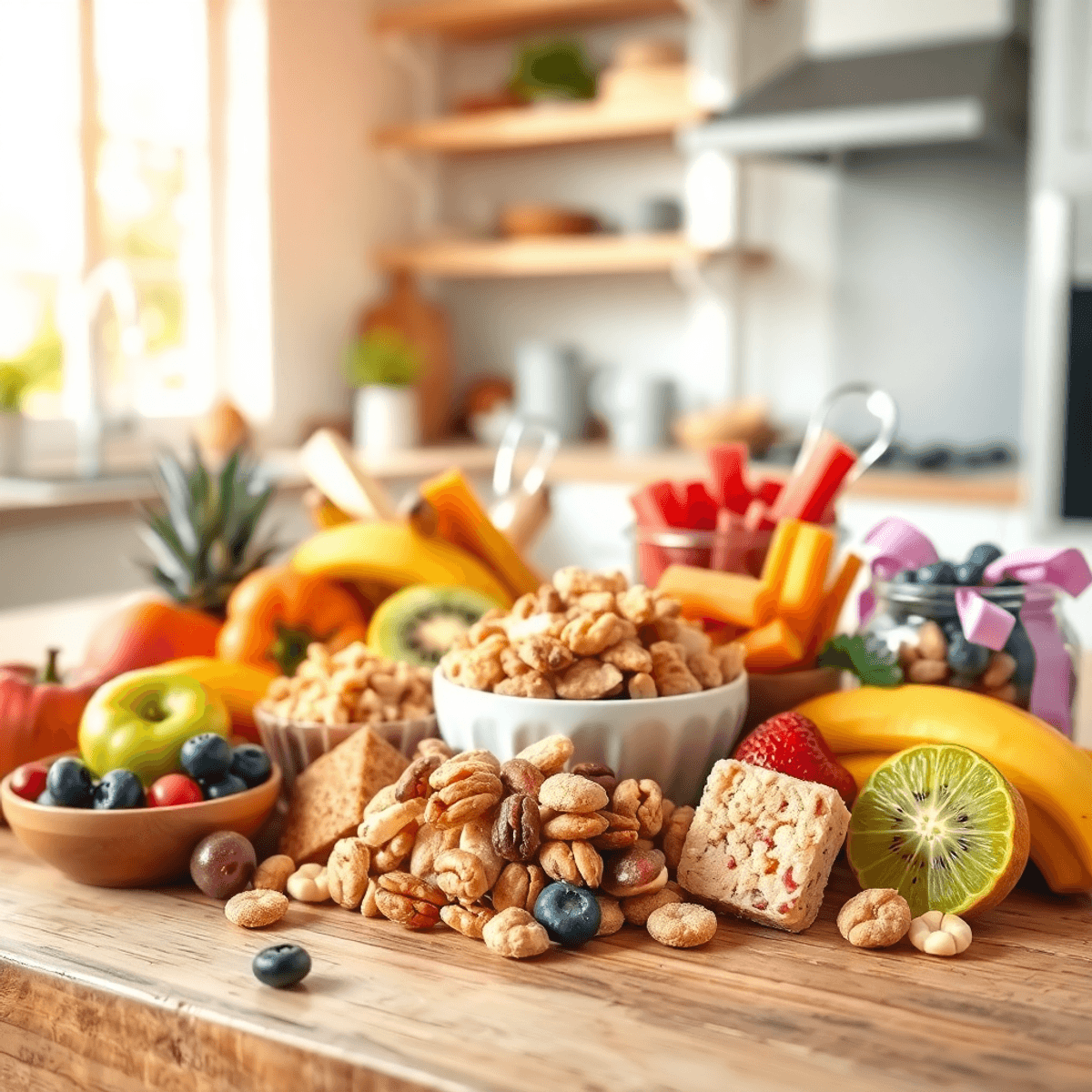A variety of colorful, healthy snacks including fruits, nuts, and sugar-free sweets arranged on a wooden table in a softly lit kitchen, evoking wellness and healthy living.