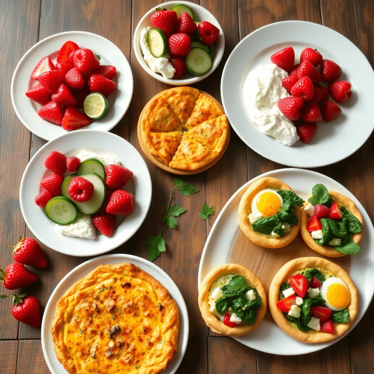 A colorful spread of sugar-free dishes including fresh berries, cottage cheese with cucumbers, zucchini-mozzarella frittata, spinach feta galette, and vegetable egg cups on a wooden table.