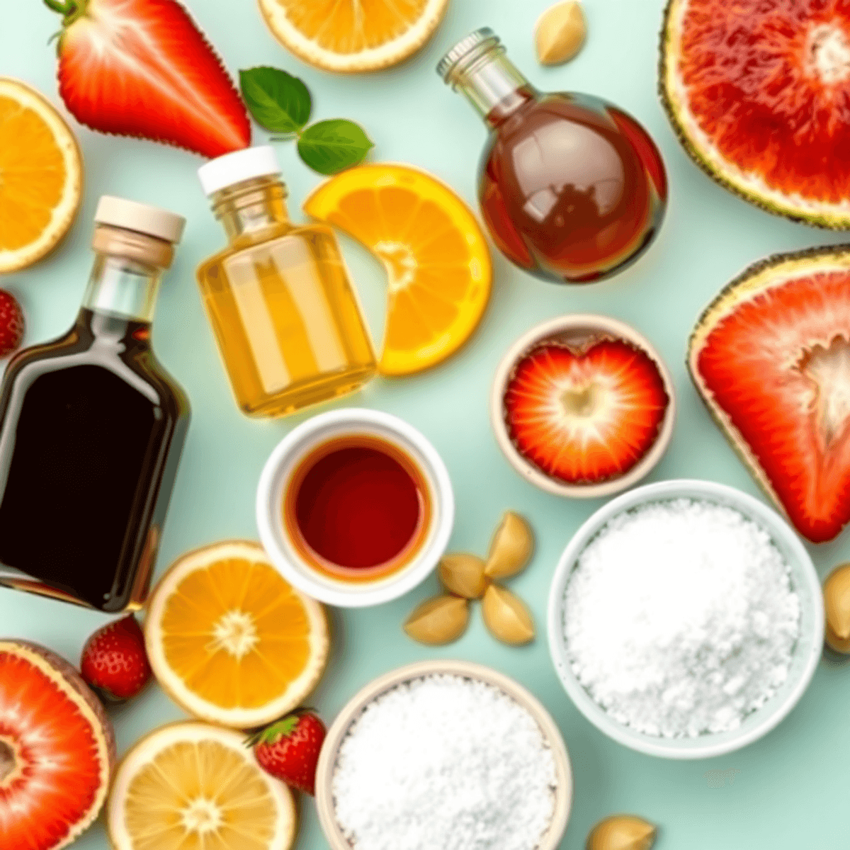 A bright flat lay featuring various sugar substitutes, colorful fruits, desserts, and a small bowl of granulated sugar, promoting a healthy lifestyle.