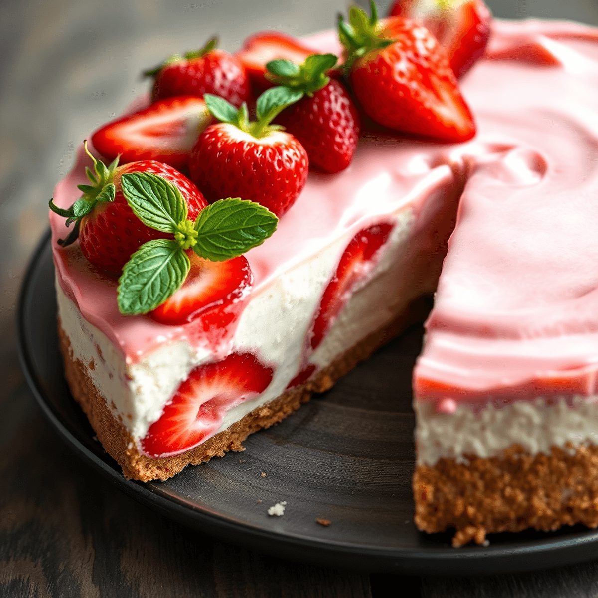 Close-up of a creamy no-bake strawberry cheesecake topped with fresh strawberries and mint on a rustic wooden table with soft natural light.
