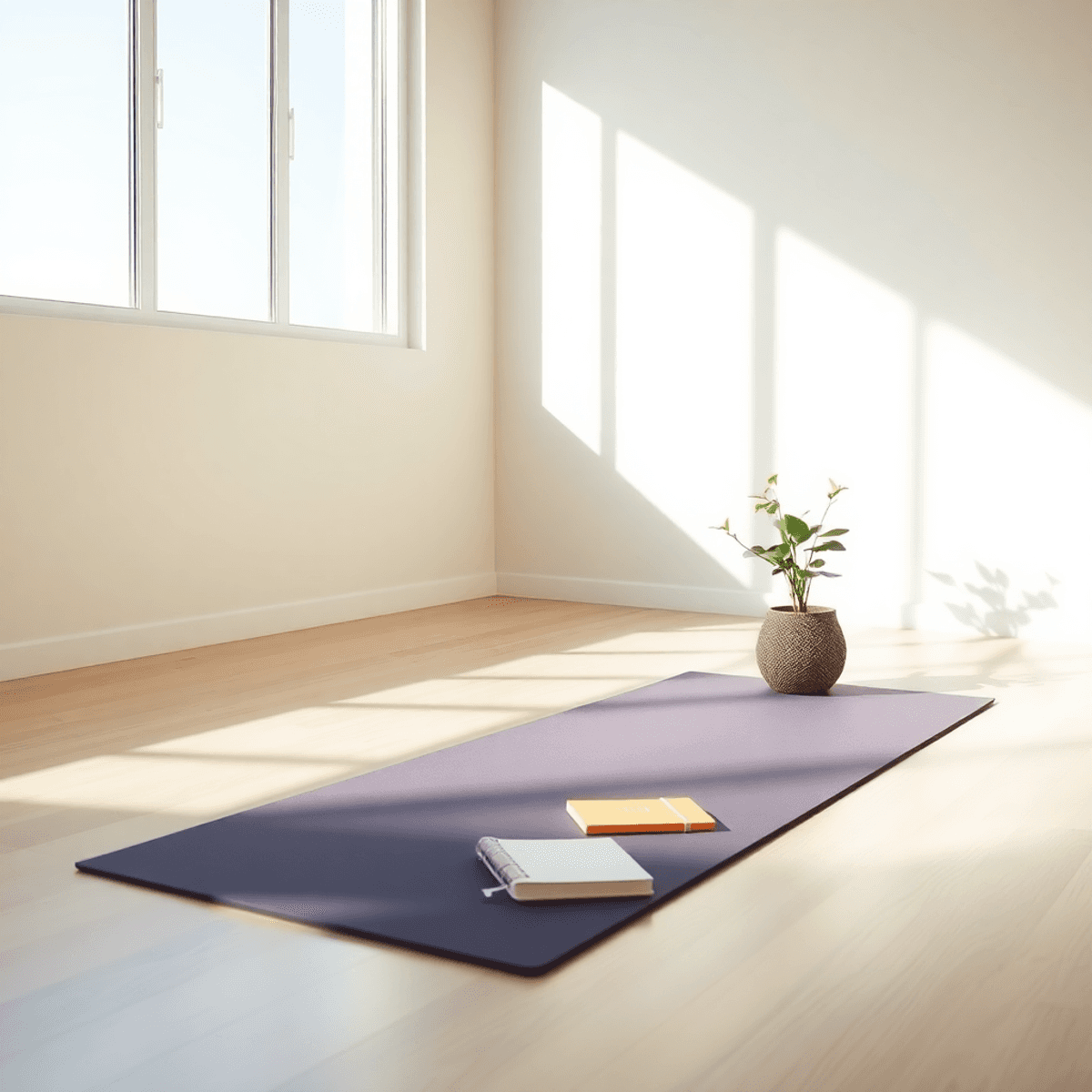 Sunlit room with a yoga mat, journal, and small plant, creating a peaceful atmosphere for meditation and gentle yoga.