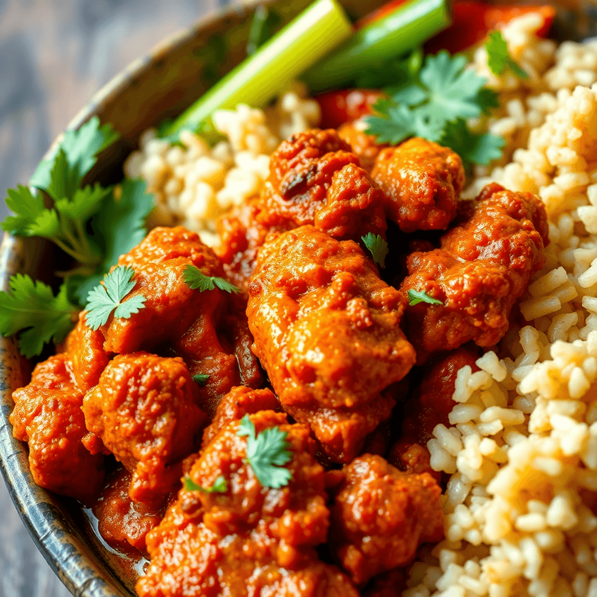 Close-up of vibrant Chicken Sukka with dry masala in a rustic bowl, served with brown rice and steamed vegetables, highlighting natural ingredients and altered taste perception.