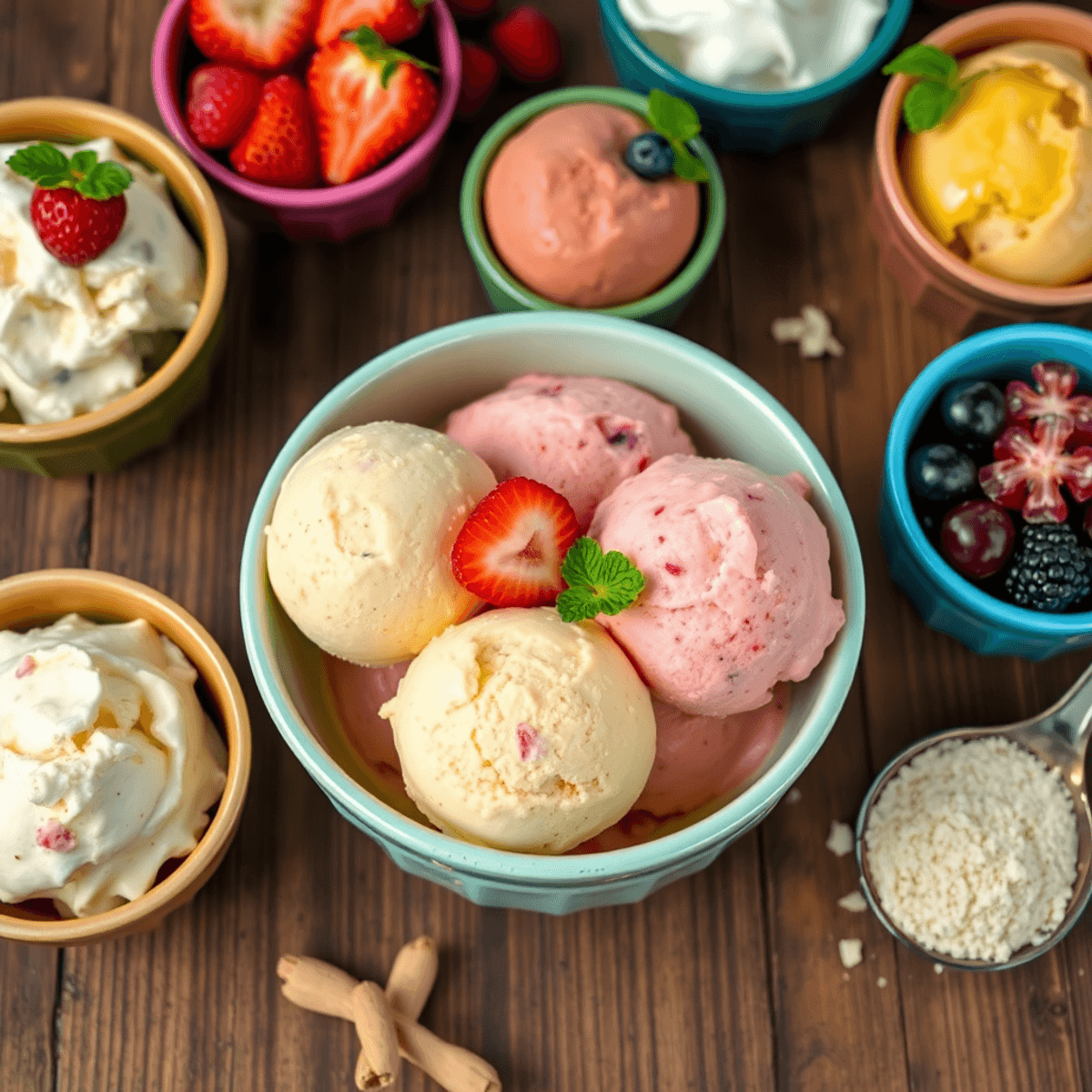 A variety of colorful homemade ice creams and sorbets in vibrant bowls with fresh fruit garnishes on a wooden table, accompanied by coconut milk and almond flour.