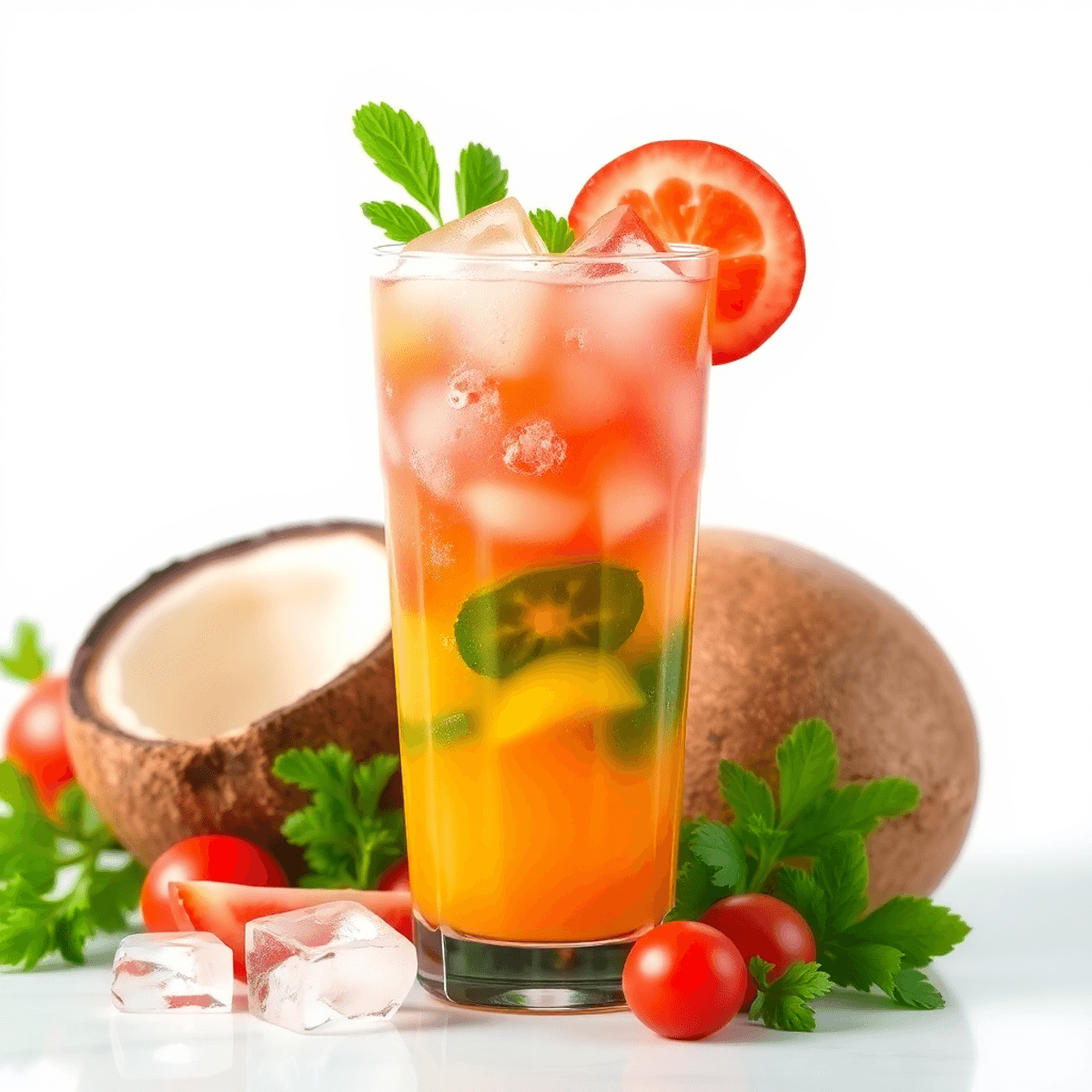 A glass of vegetable juice with sparkling water and ice, surrounded by fresh vegetables and a coconut on a bright, clean background.