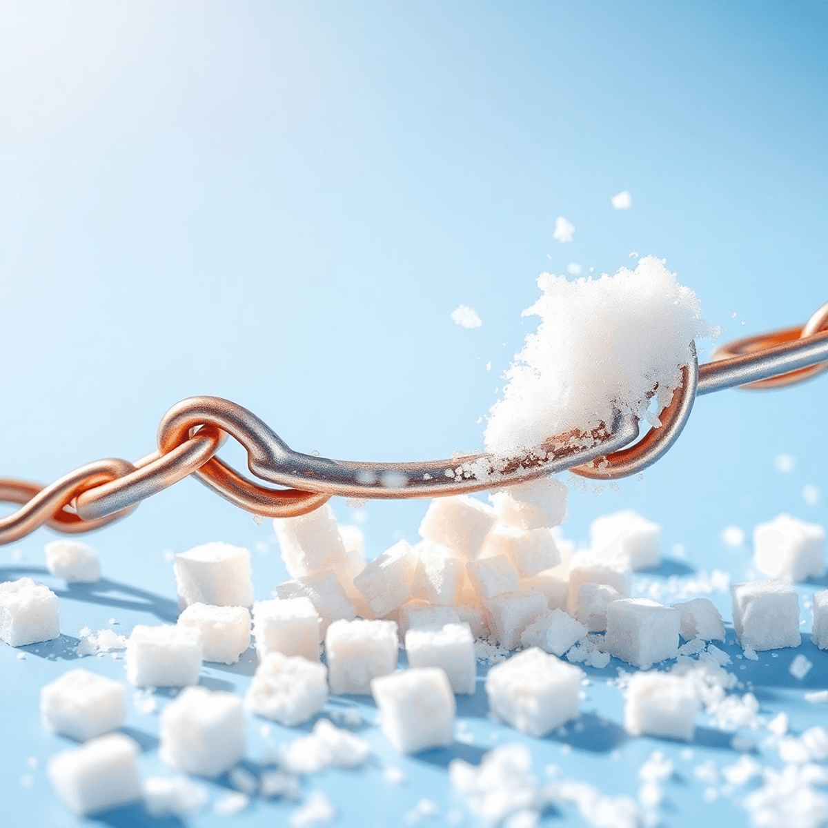 A broken chain with scattered sugar cubes on a bright, uplifting background, symbolizing freedom from sugar addiction and a healthier lifestyle.