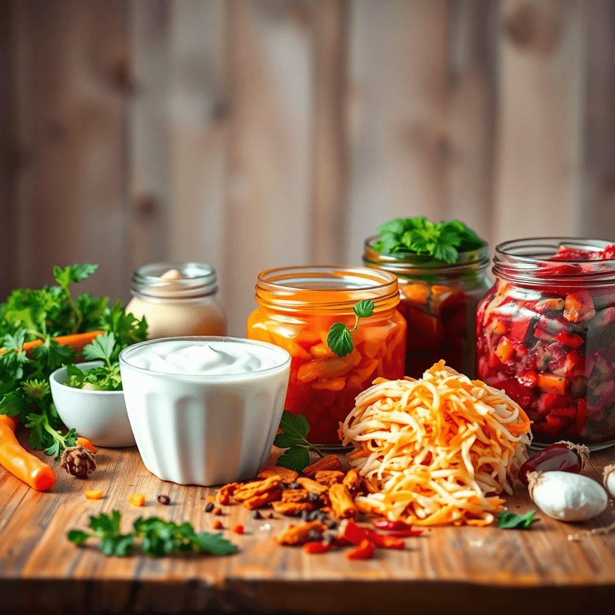 A colorful display of fermented foods like yogurt, kimchi, and sauerkraut on a wooden table, surrounded by fresh herbs and spices in a warm, inviting setting.