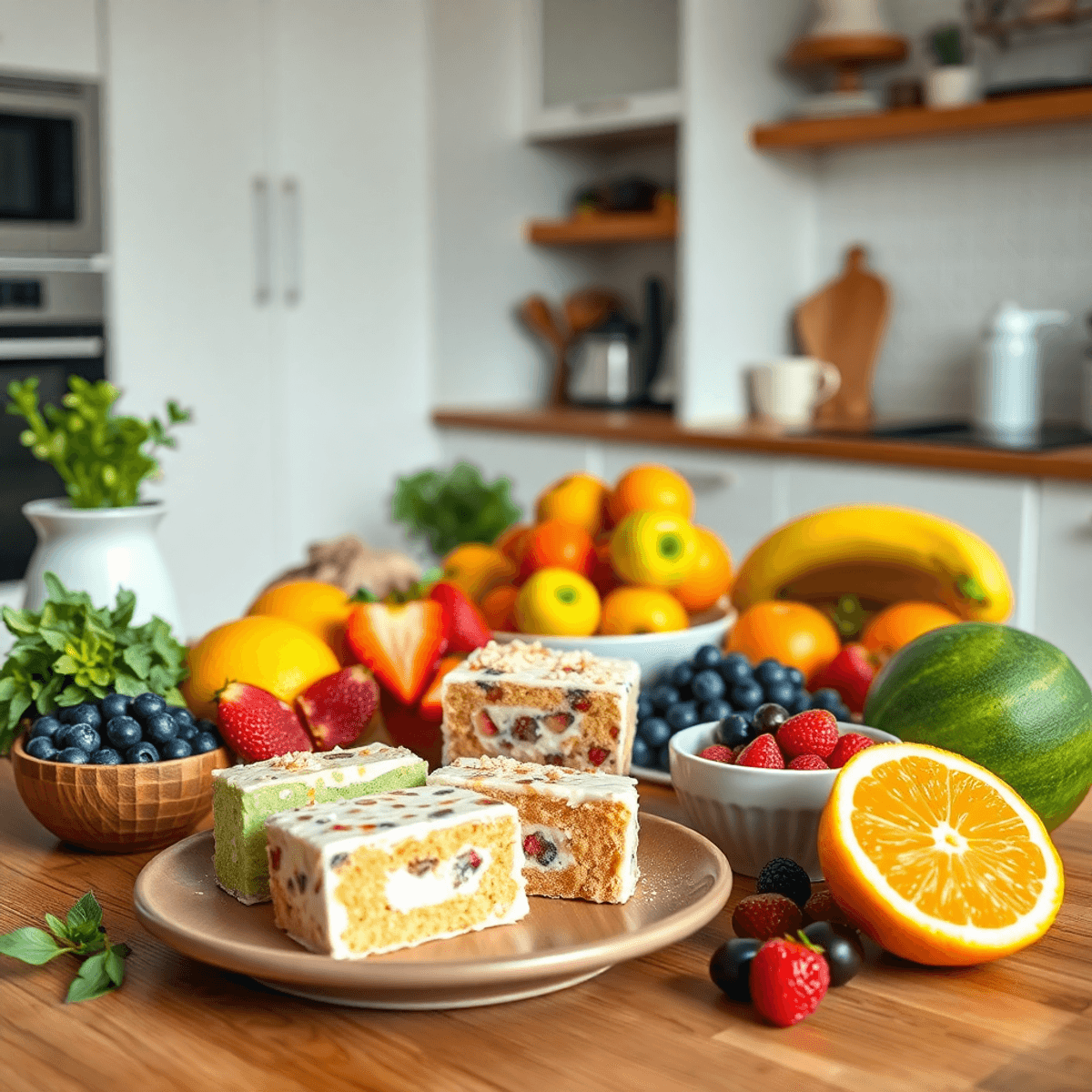 Bright kitchen with colorful sugar-free treats and fresh fruits on a wooden table, highlighting natural ingredients and mindful portion control.
