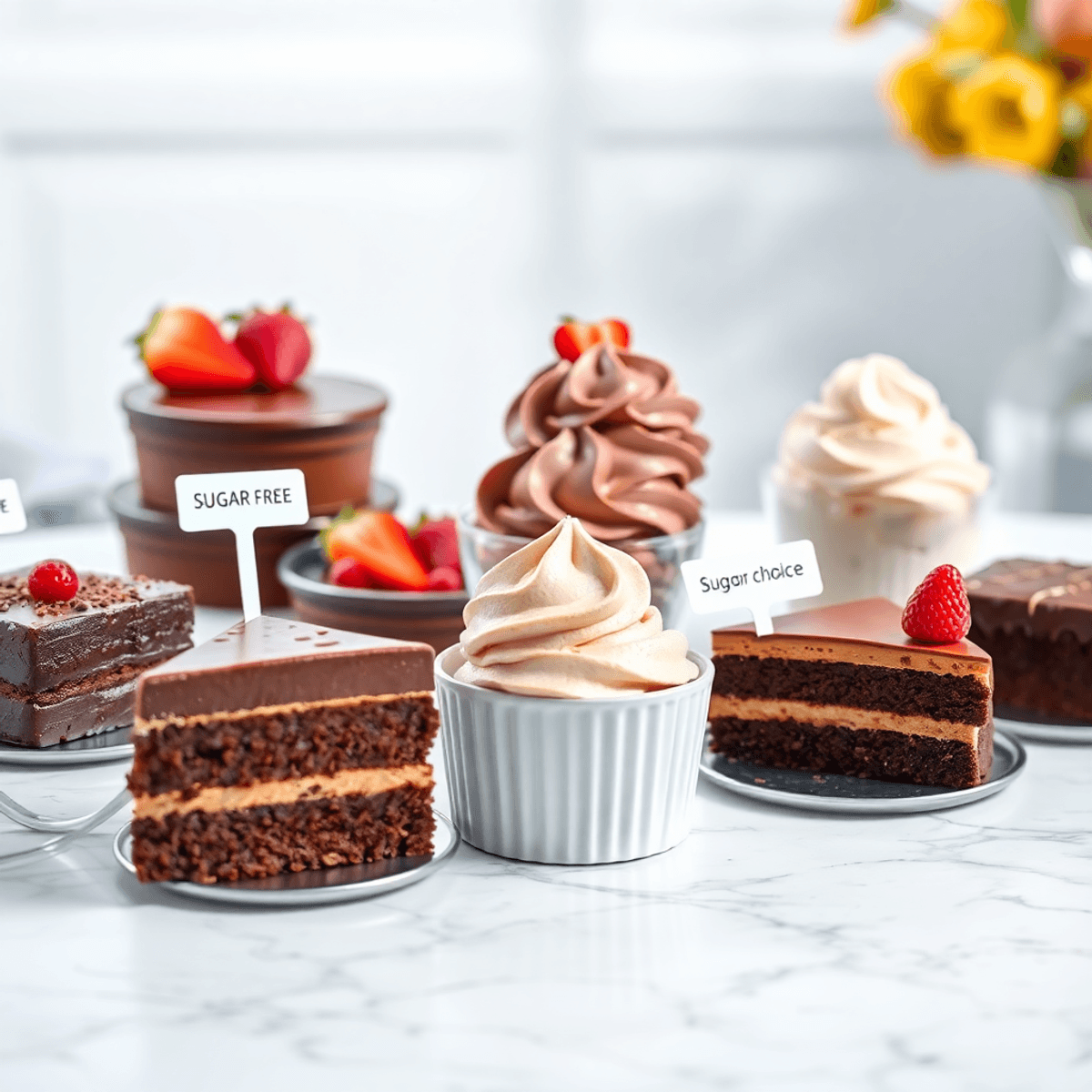 An assortment of sugar-free desserts, including chocolate cakes and ice cream, displayed on a stylish table with "sugar-free" and "healthy choice" labels in a bright, inviting setting.