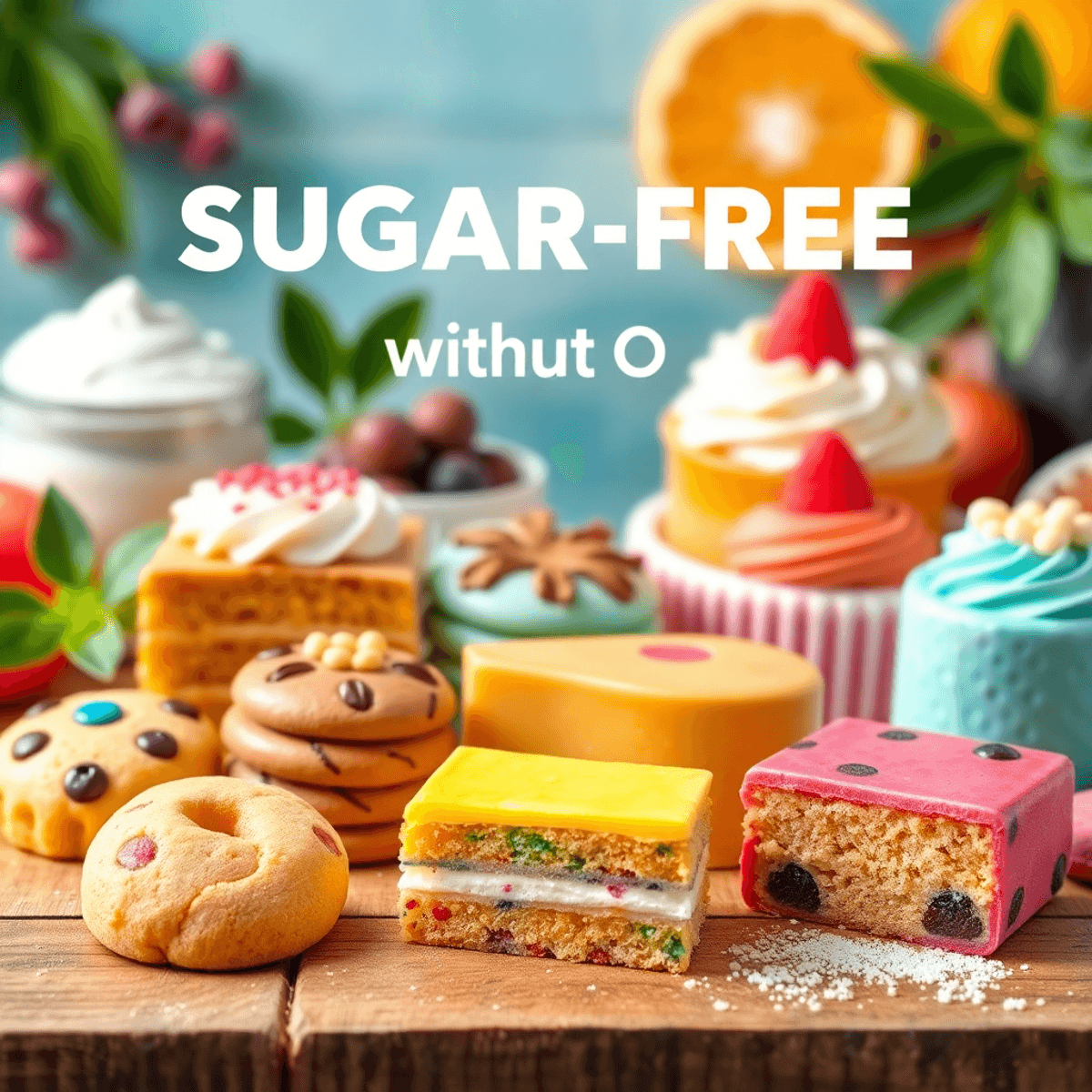 A colorful display of sugar-free sweets, including cookies and cakes, on a wooden table, surrounded by fresh fruits and natural sweeteners, promoting guilt-free indulgence.
