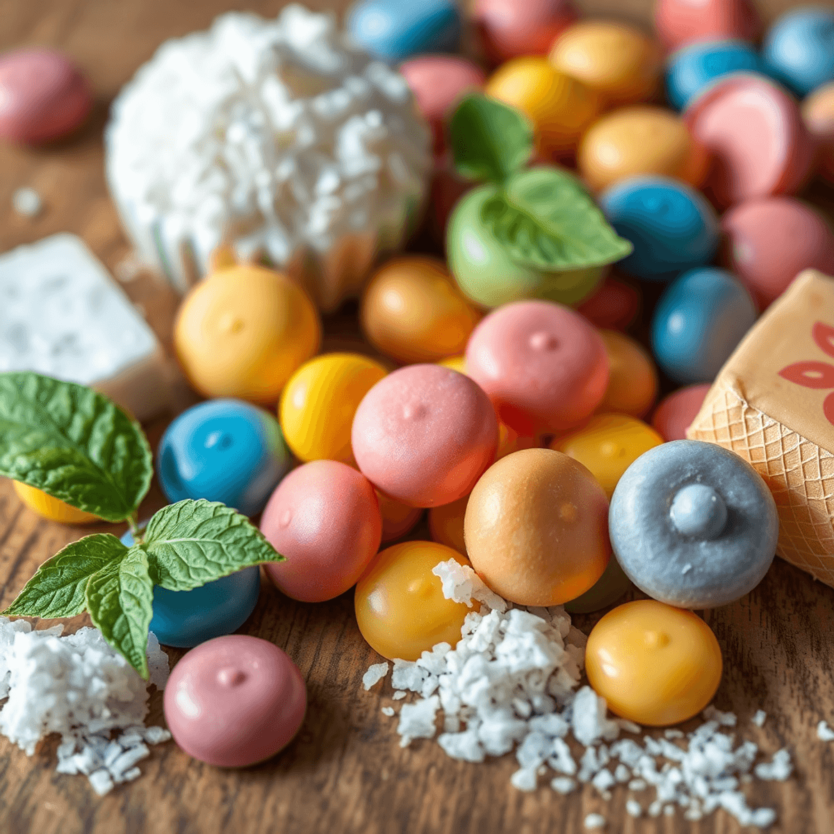 Close-up of colorful sugar-free candies on a wooden table with stevia leaves and erythritol crystals nearby.
