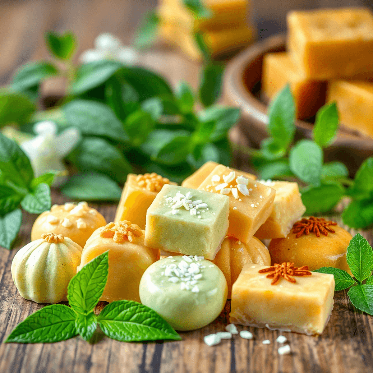 A colorful array of Indian sweets for diabetics made with natural sweeteners, artfully displayed on a wooden table, surrounded by fresh stevia leaves and jaggery blocks.