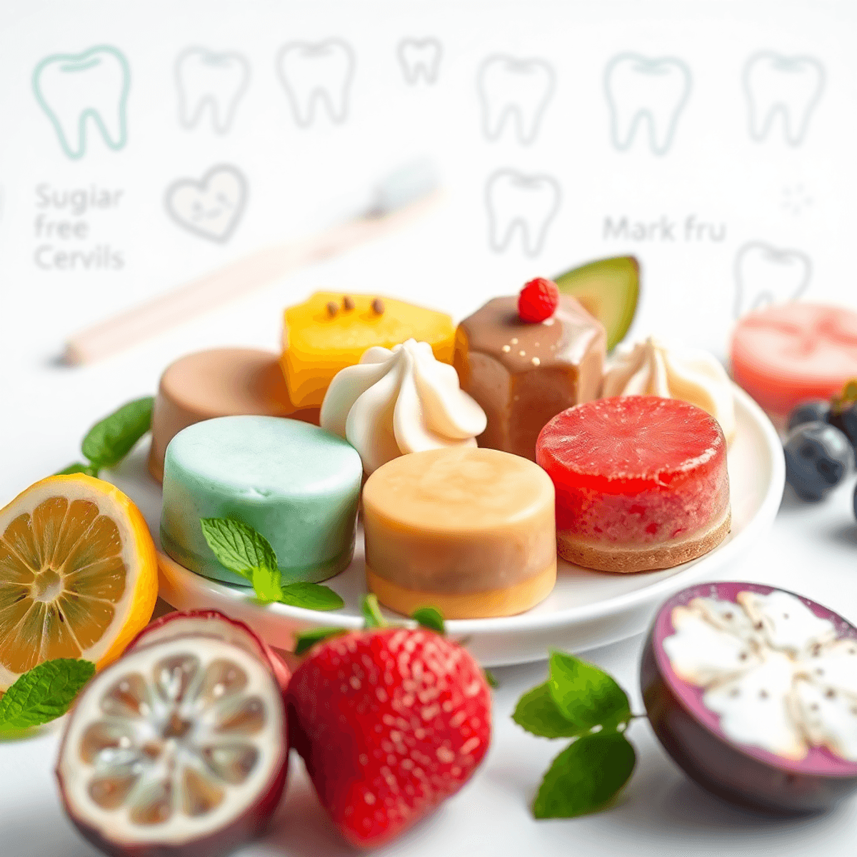 Close-up of colorful sugar-free desserts on a white plate with fresh fruits, stevia leaves, monk fruit, and blurred dental health icons in the background.