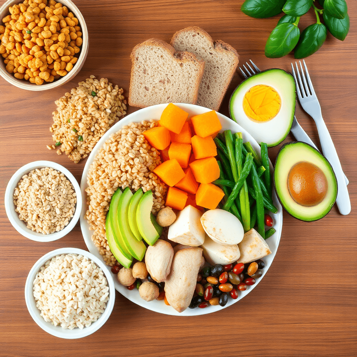 Flat lay of a balanced diabetic meal with quinoa, brown rice, sweet potatoes, oats, whole grain bread, chicken, fish, tofu, eggs, legumes, and avocado on a wooden table.