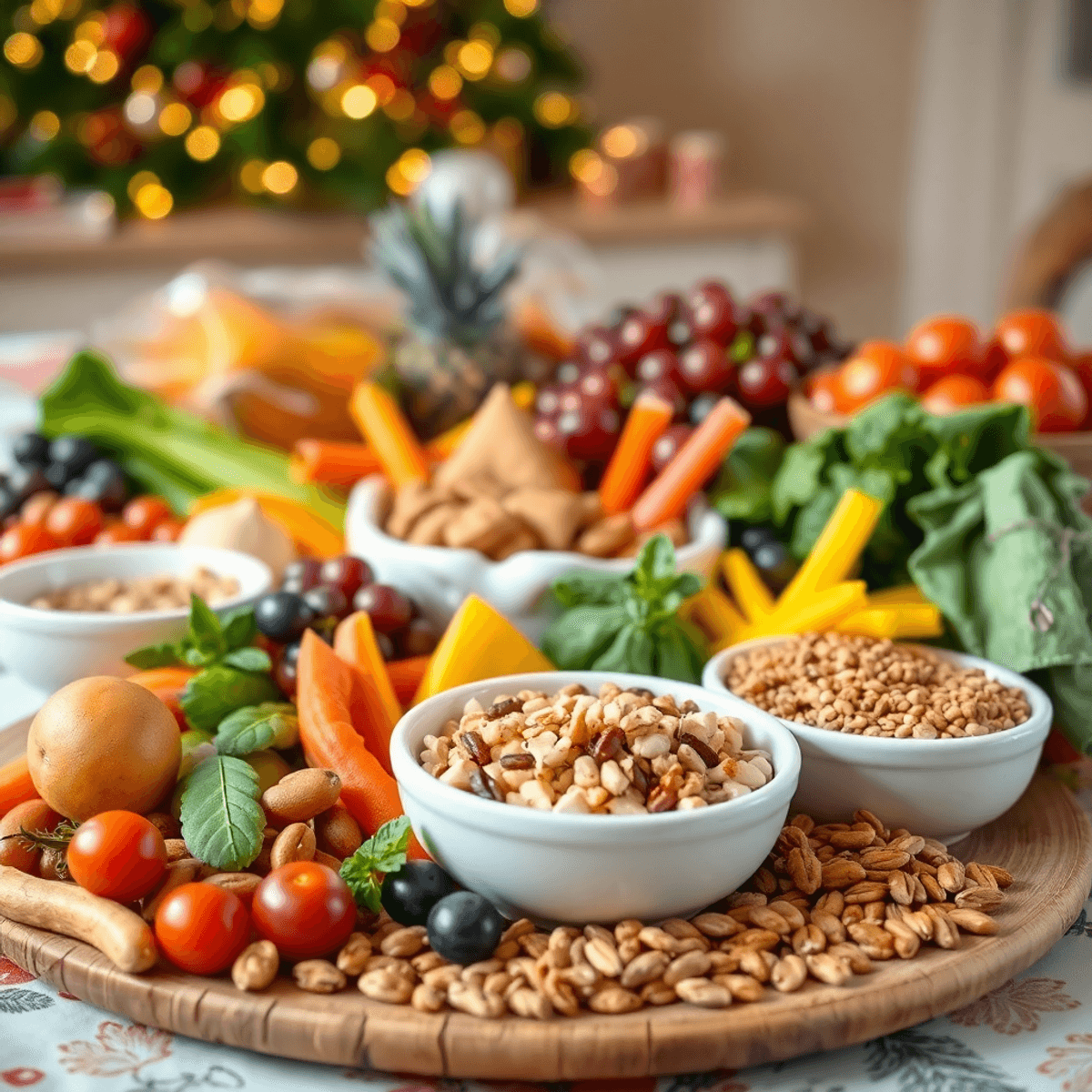 A colorful spread of fruits, vegetables, nuts, and whole grains on a festive table with holiday decorations in the background.