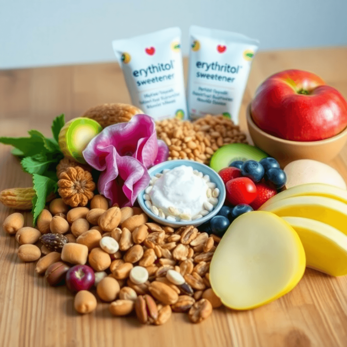 A colorful array of nuts, fruits, and seeds on a wooden table with sugar-free erythritol sweetener packets in the background.
