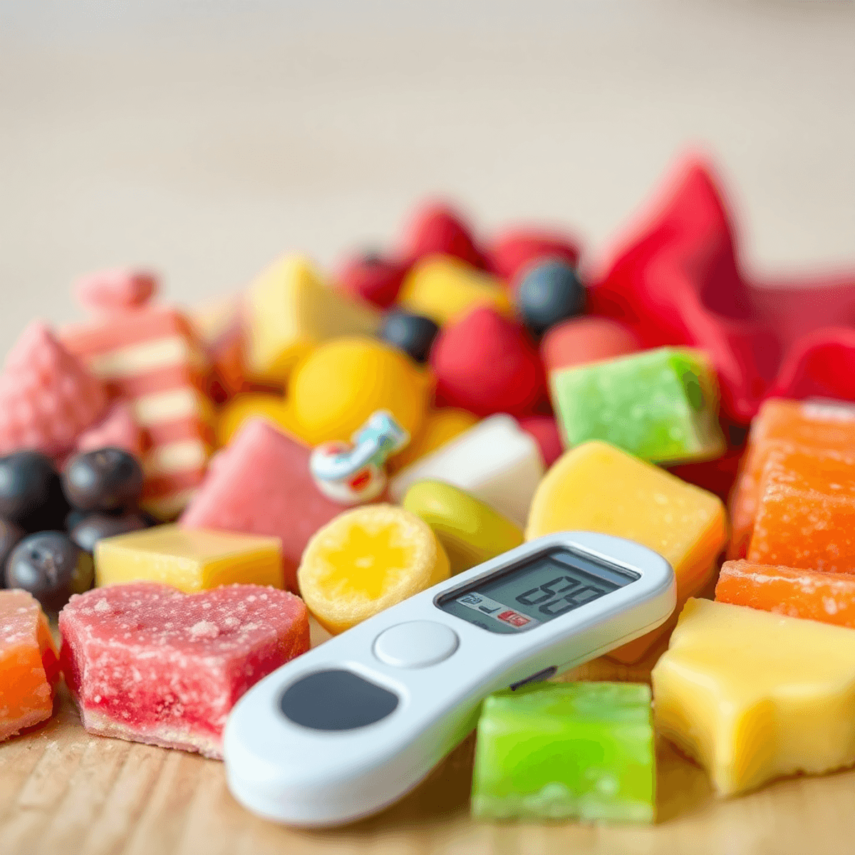 A colorful array of sugar-free sweets on a table, showcasing various textures, with a blood glucose meter beside them, highlighting balanced dietary choices.