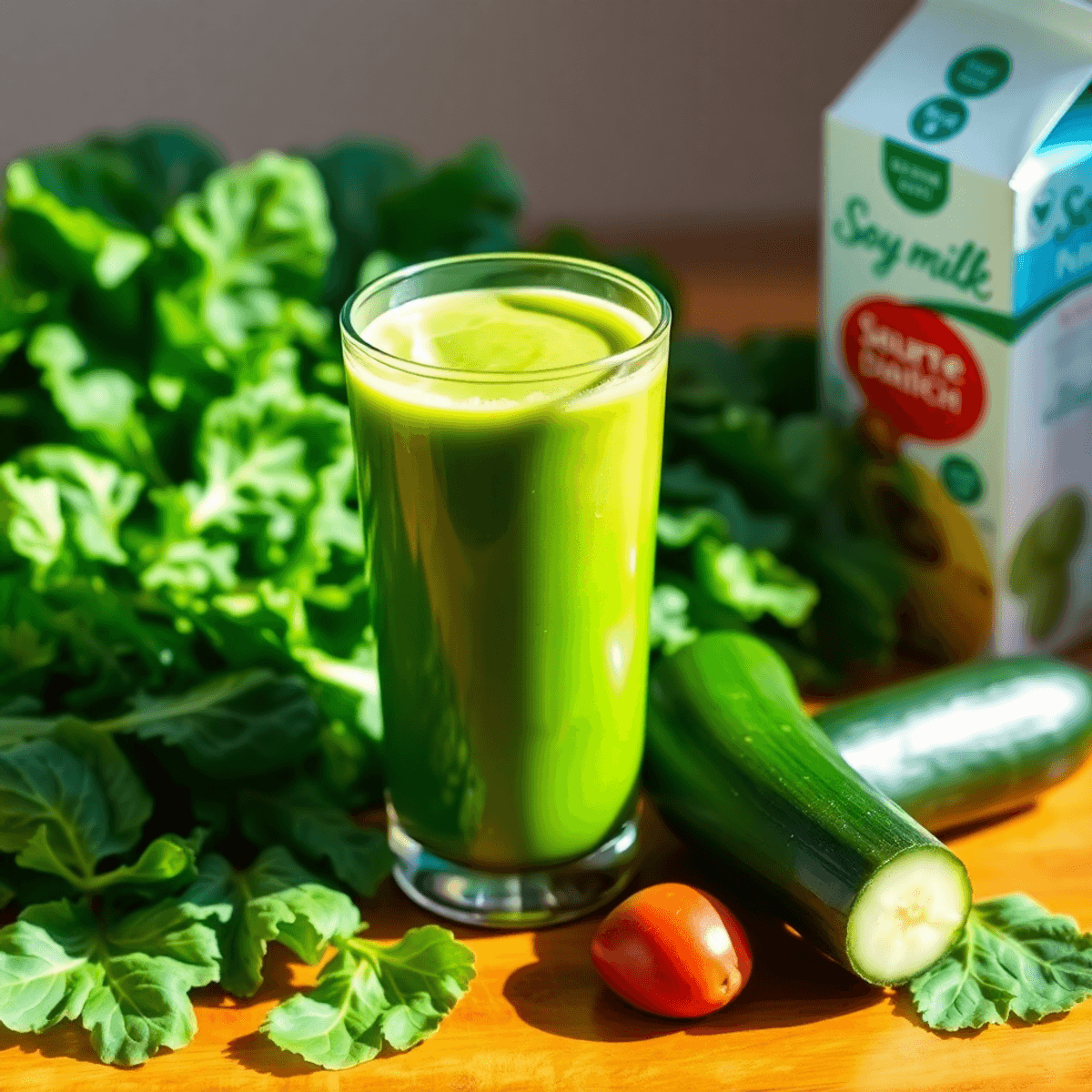 A vibrant green smoothie in a clear glass surrounded by fresh spinach, kale, cucumber, and soy milk on a wooden table with bright natural light.