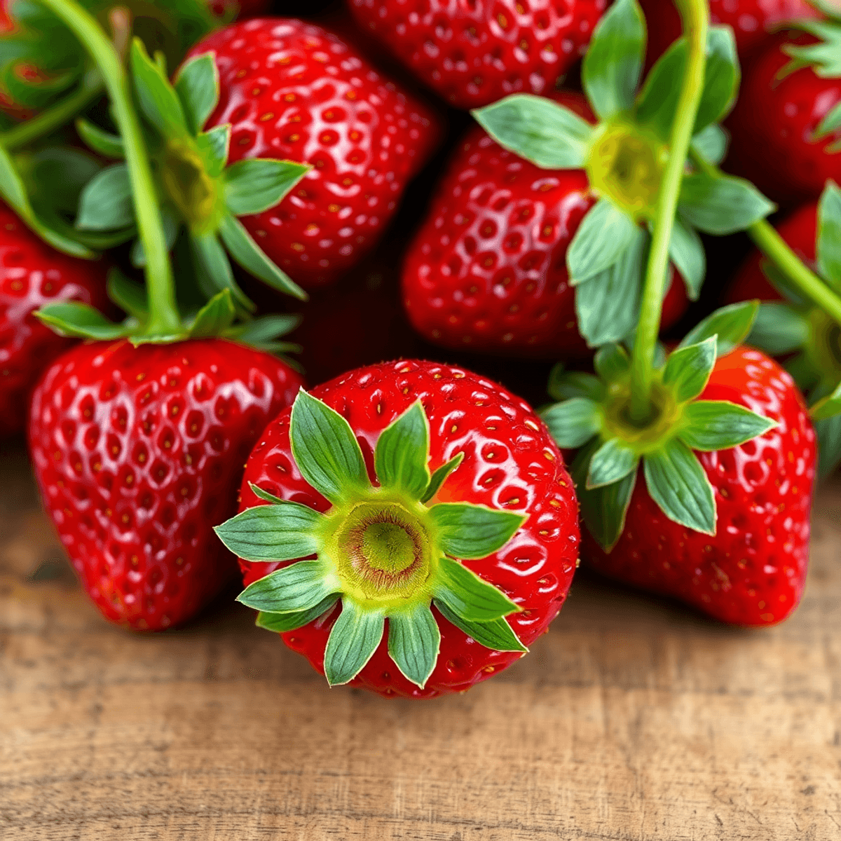 Close-up of fresh red strawberries with green leaves on a rustic wooden surface, showcasing their natural texture and vibrant color.