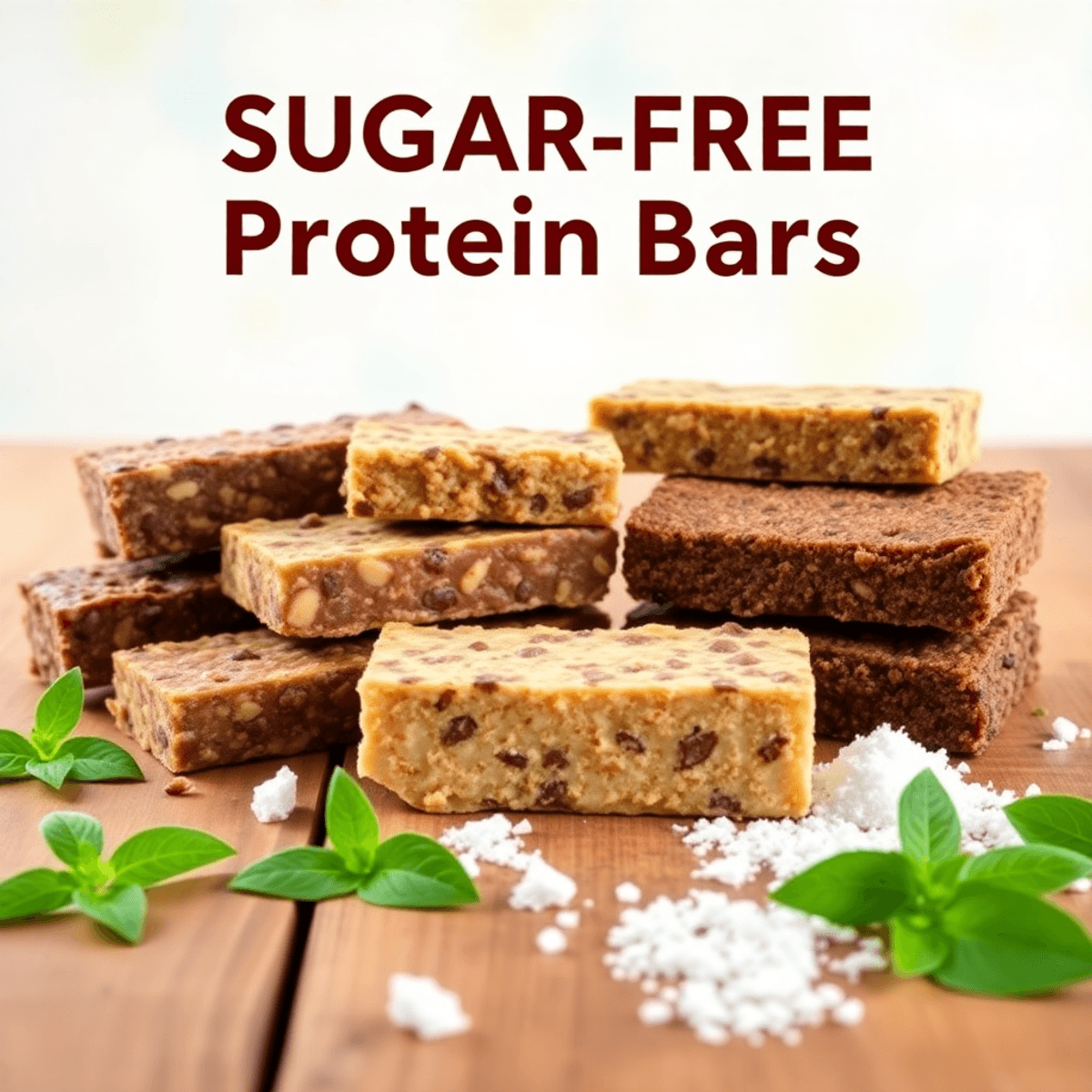 An assortment of colorful, textured sugar-free protein bars on a wooden table, surrounded by stevia leaves and sugar alcohols, with a bright, cheerful background.