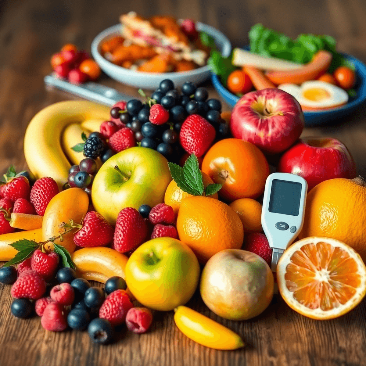 A colorful mix of fresh fruits on a wooden table with a glucose meter and healthy meal in the background, representing balanced diabetic nutrition.