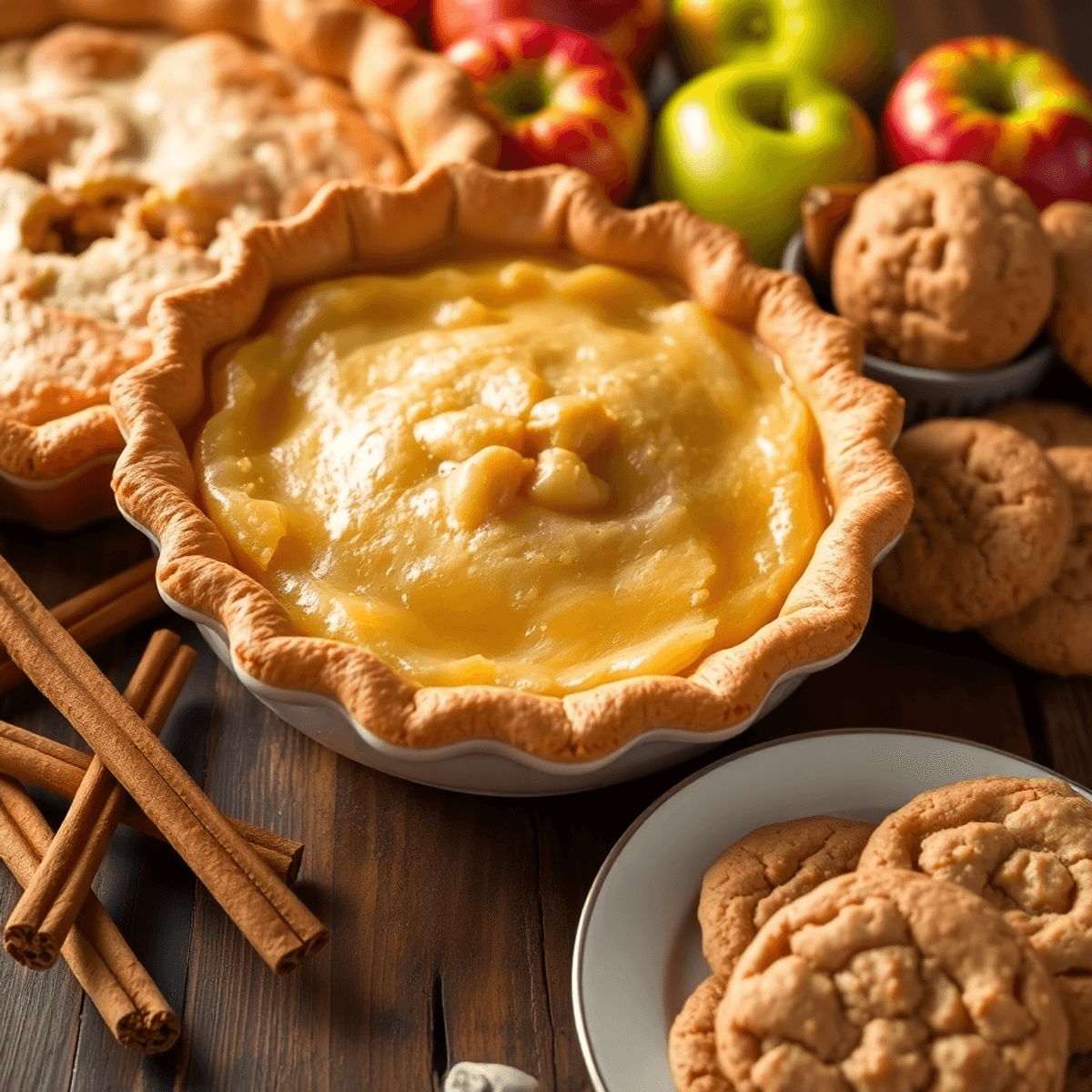 Close-up of a sugar-free apple pie with golden crust, cinnamon sticks, fresh apples, and a plate of natural peanut butter cookies on a rustic wooden table.