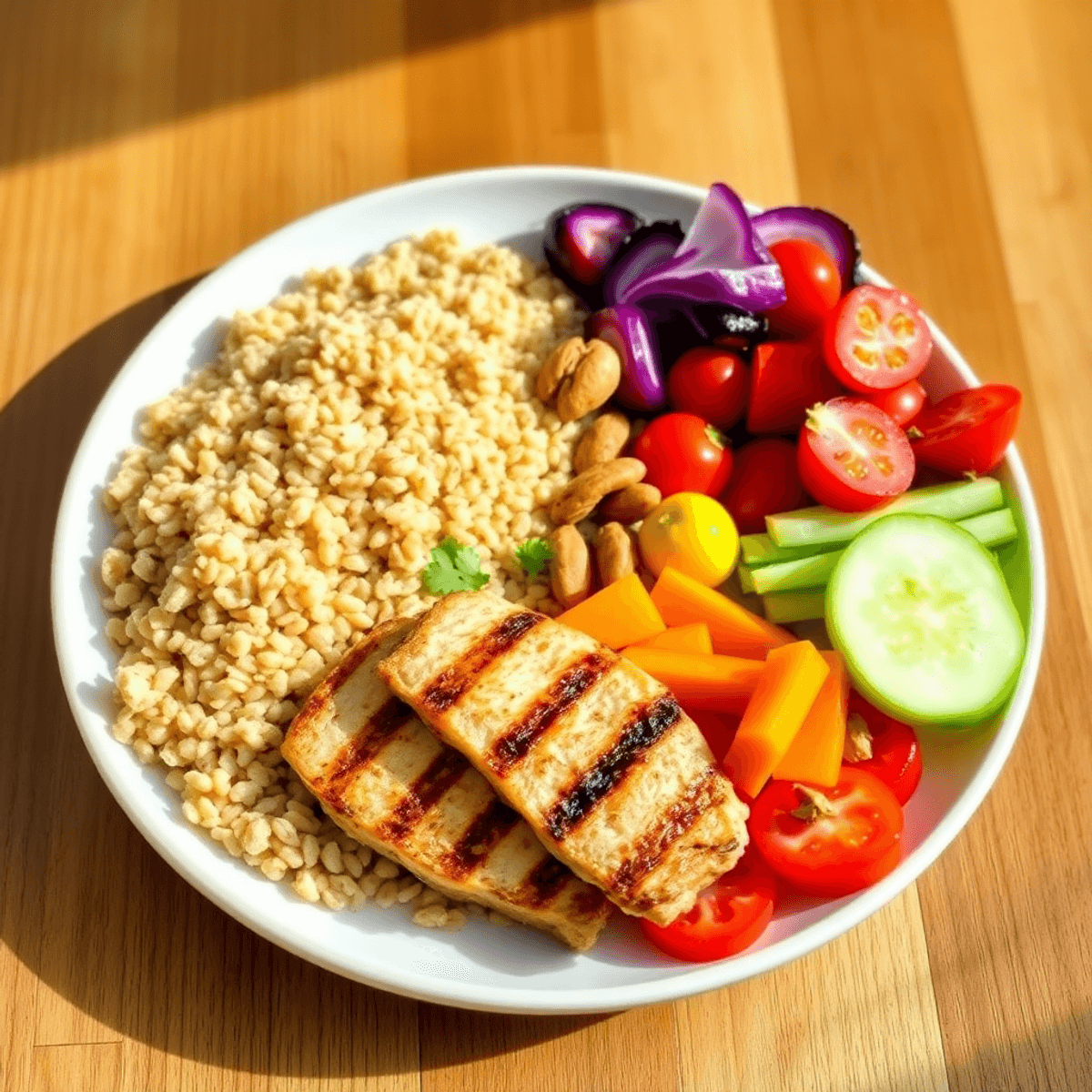 A colorful plate with grilled chicken, whole grains, fresh vegetables, and nuts on a wooden table in natural light.